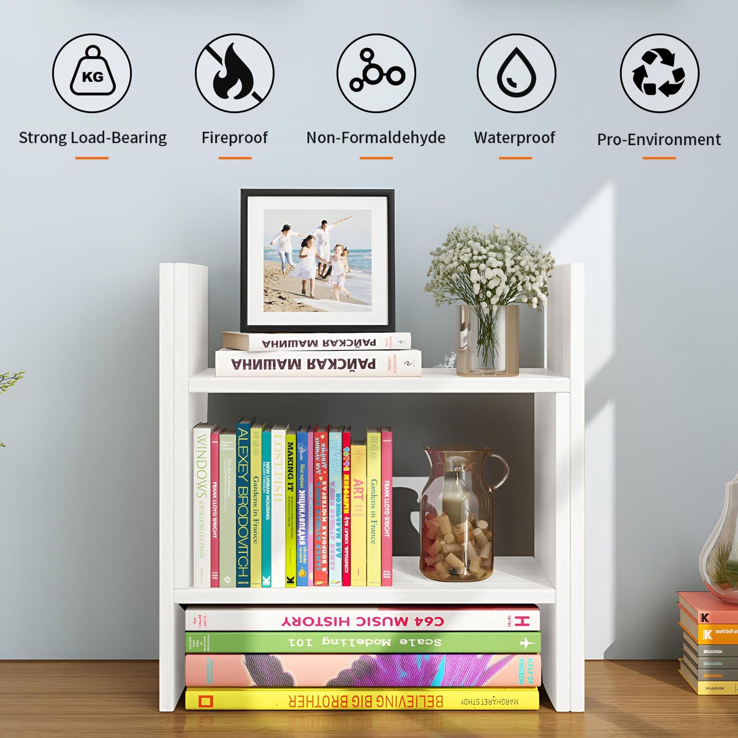 YSJILIDE Wood Adjustable Small Desktop Bookshelf, Expandable Storage Organizer