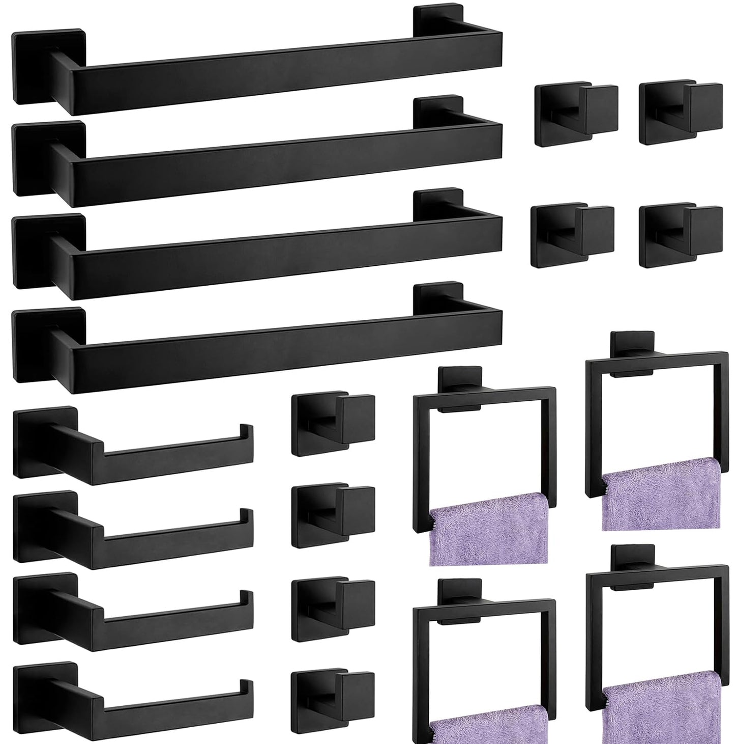 5-Pieces Matte Black Bathroom Hardware Accessories Set, SUS304 Stainless Steel Bath Towel Bar Set, Towel Racks for Bathroom Wall Mounted.
