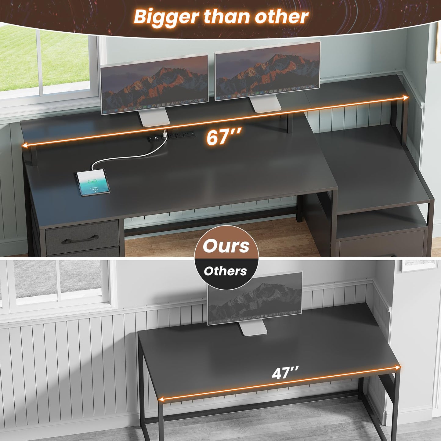 SEDETA Home Office Desk with File Drawer & Power Outlet, 66'' Computer Desk with 5 Drawer, Storage Shelves, Printer Cabinet and Monitor Shelf, Gaming Desk with Led Lights, Rustic Brown