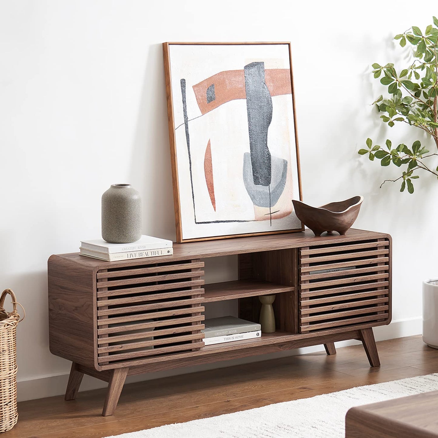 mopio Ensley TV Stand, Mid Century Modern for 55/60/65 inch TV, Farmhouse TV Stand, Entertainment Center (Walnut, 59" Tall)