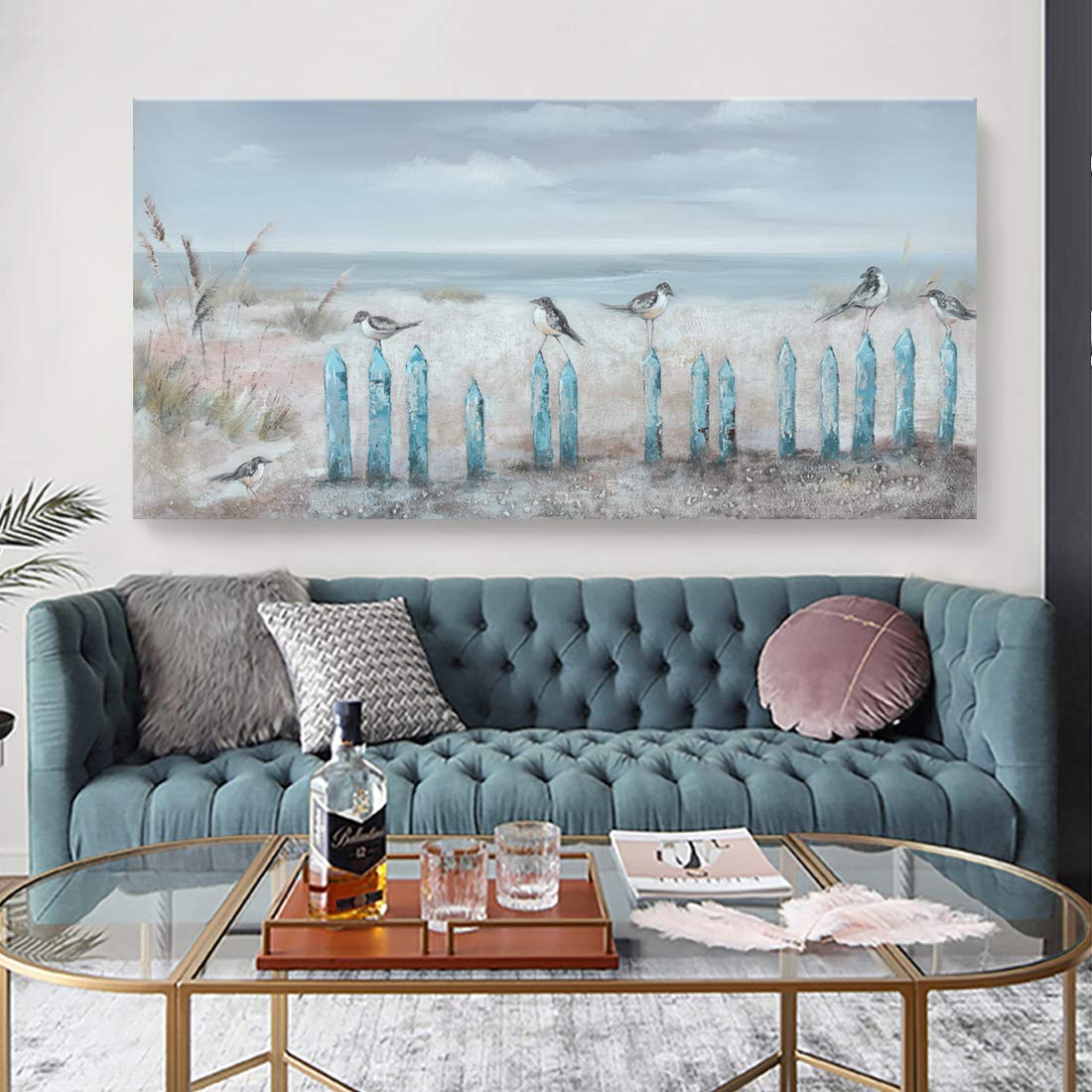 3 Piece Wall Art Hand-Painted Framed Flower Oil Painting On Canvas Gallery Wrapped Modern Floral Artwork for Living Room Bedroom Décor Teal Blue Lake Ready to Hang 12"x16"x3 panel
