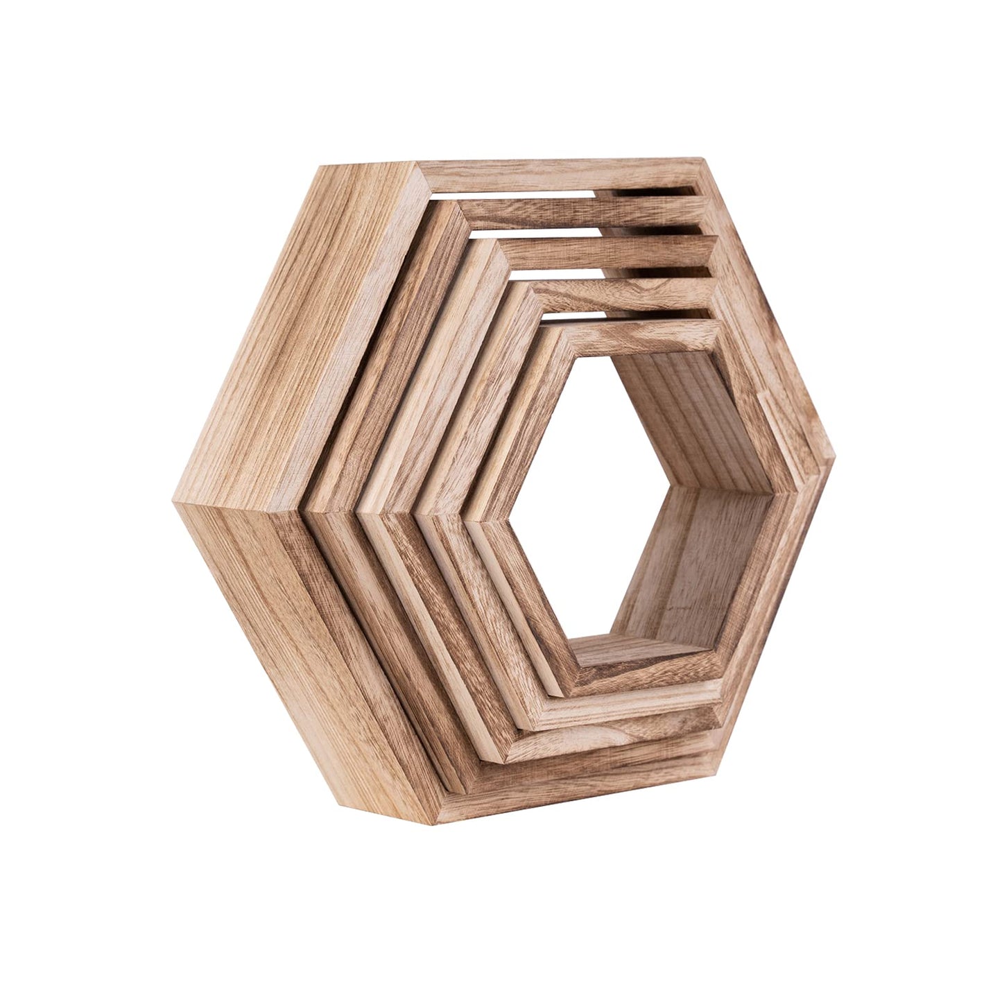 WONFUlity Hexagon Floating Shelves Honeycomb Shelves Wall Mounted Wood Farmhouse Storage Wall Shelf for Bathroom, Kitchen, Bedroom, Living Room,Driftwood Finish Decor, Black