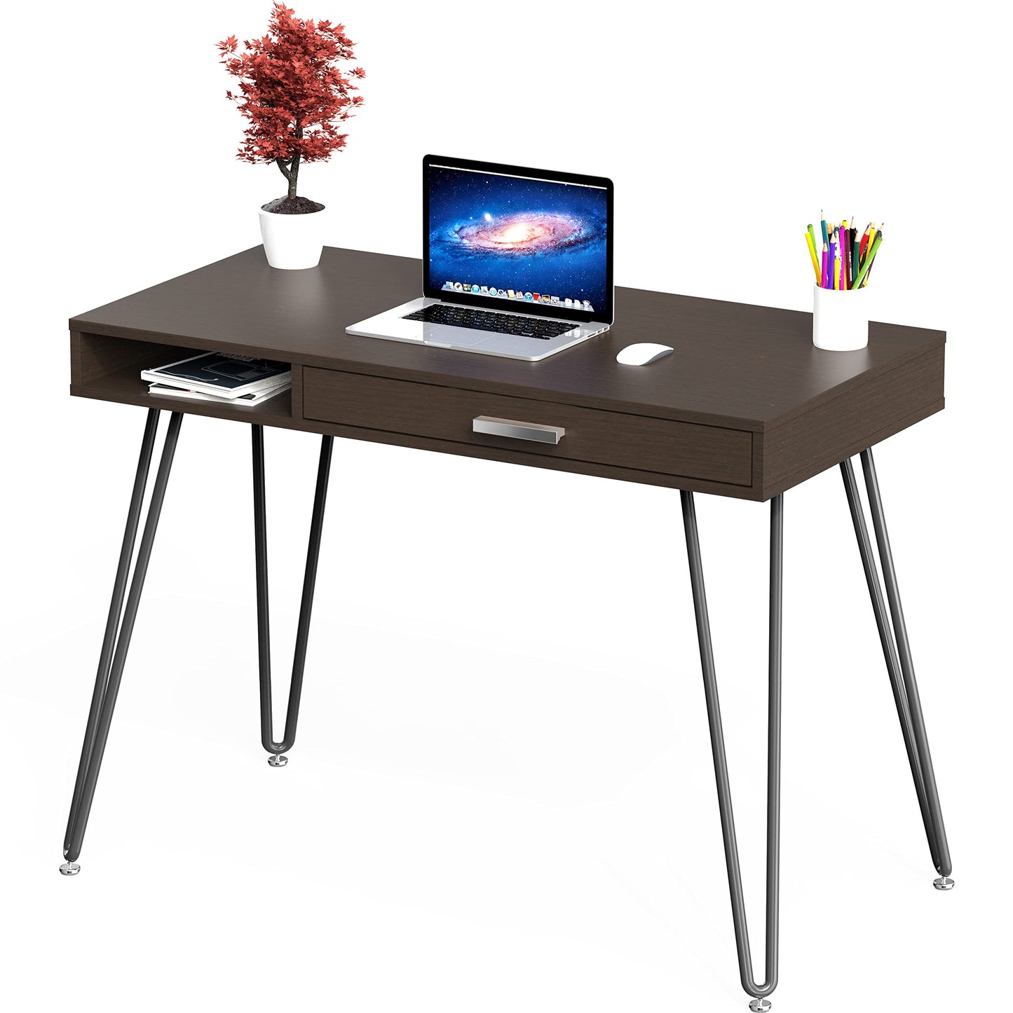 SHW Home Office Computer Hairpin Leg Desk with Drawer, Rustic Brown