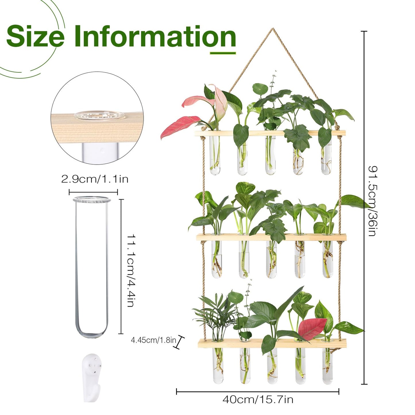 Wall Hanging Propagation Station with Wooden Stand 5 Glass Test Tubes 3 Tiered Planters Wall Terrarium