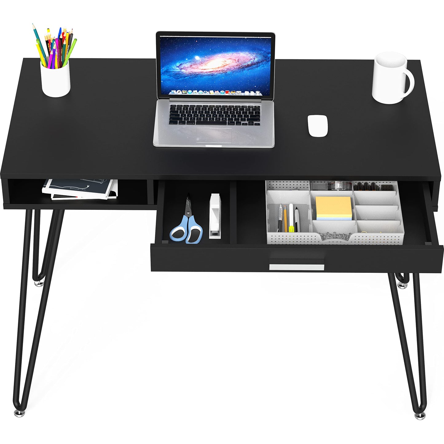 SHW Home Office Computer Hairpin Leg Desk with Drawer, Rustic Brown