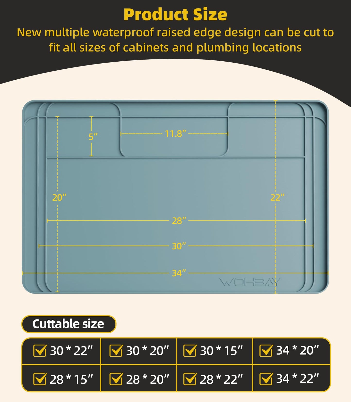 Under Sink Mats for Kitchen Waterproof, 34" X 22" Or Smaller Cut to Fit Under Sink Drip Tray for Kitchen Bathroom Cabinets