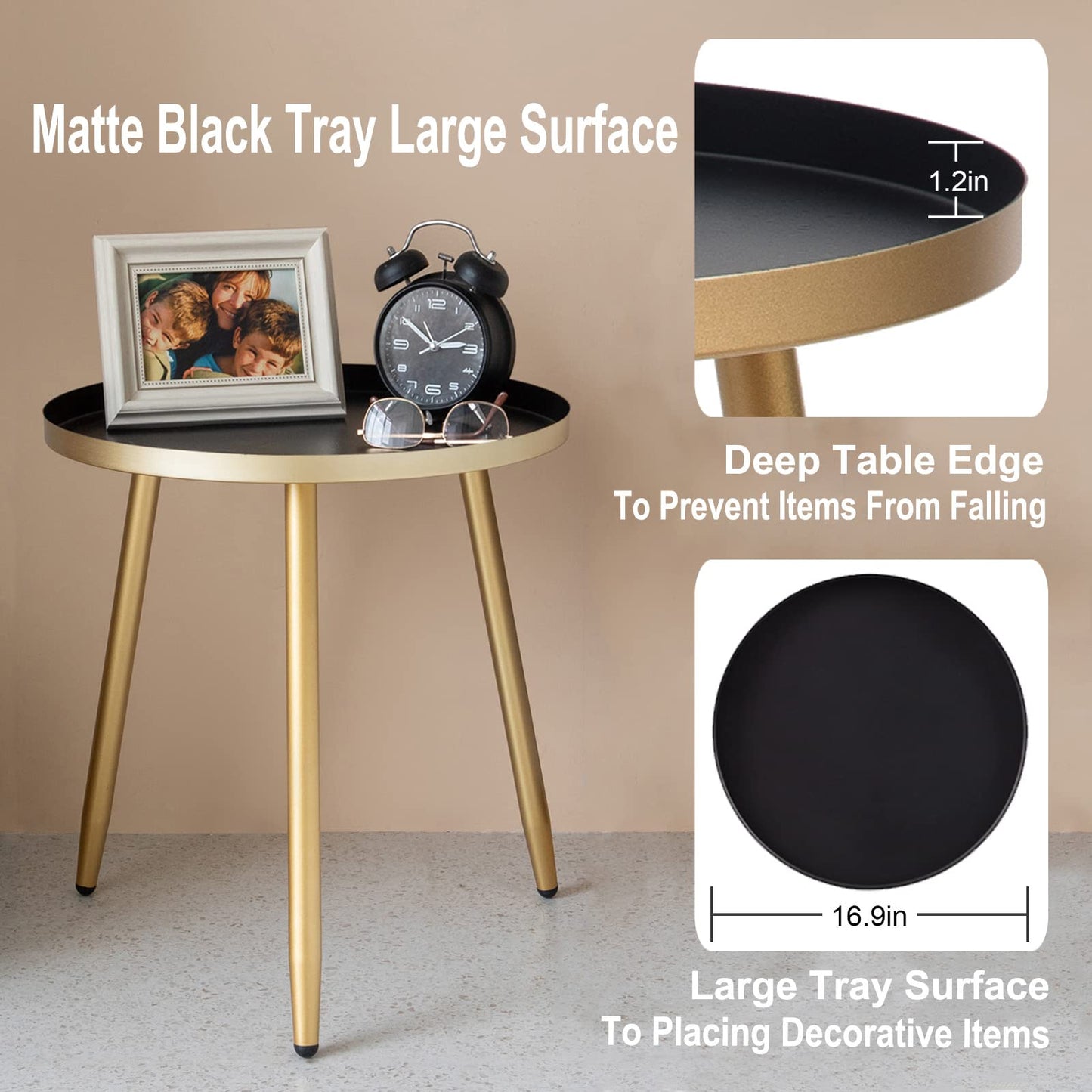 AOJEZOR Side Table: End Table for Indoor Use - Small Side Tables for Small Spaces All Matte Black with 3 Legged