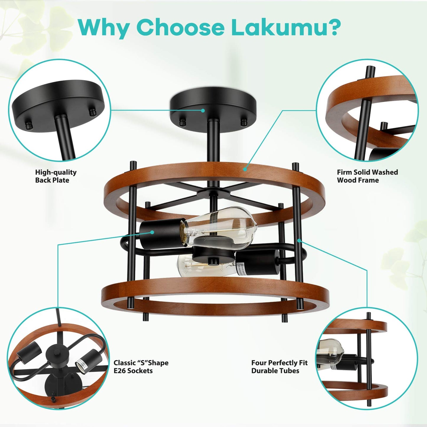 Lakumu 2-Light Retro Semi Flush Mount Ceiling Light Fixture, Rustic Vintage Wood Ceiling Light Black Metal, Industrial Farmhouse Ceiling Lamp