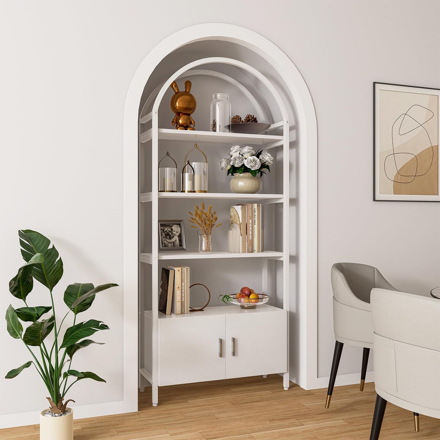 Arched Bookshelf, Bookcase with Doors Storage, 71 Inches Tall Industrial Book Shelf with Sturdy Metal Frame, E1 Quality Boards, Freestanding Display Shelving Unit, Black