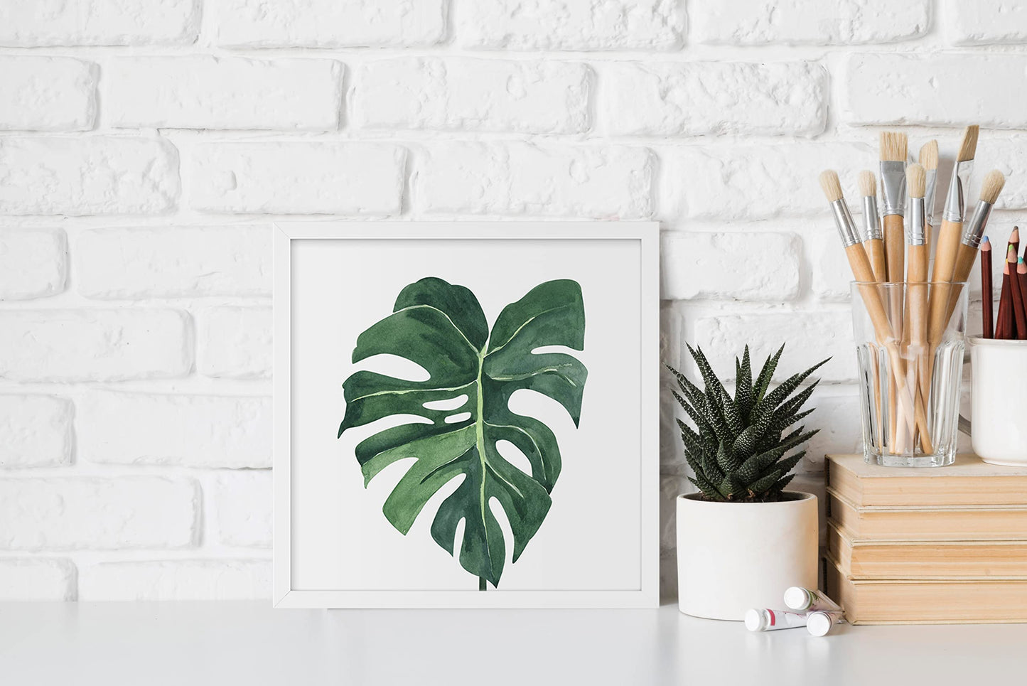 ArtbyHannah Framed Bathroom Wall Decor, 10x10 Inch Botanical Wall Art with Sage Green Plant Print for Wall Decoration, Minimalist Restroom Decor (Walnut)
