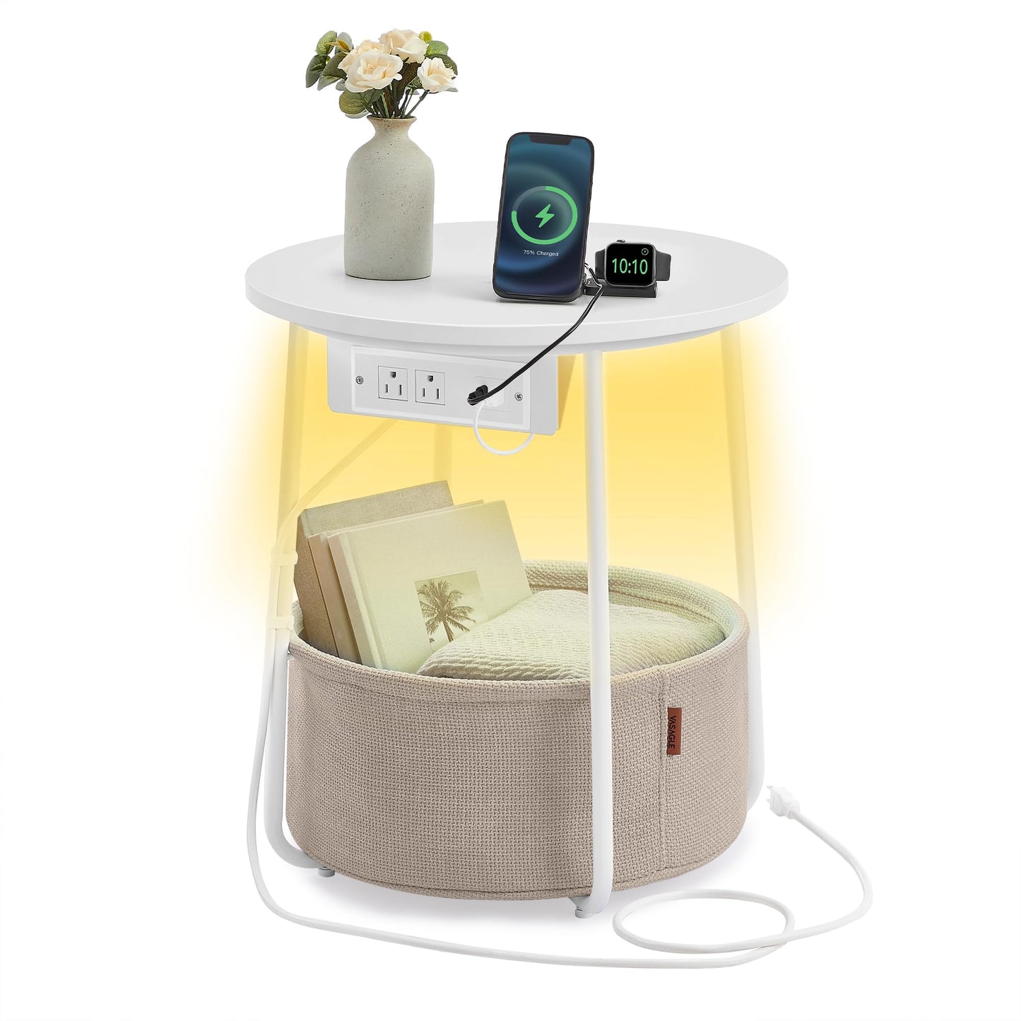 VASAGLE Side Table with Charging Station, Round End Table With Fabric Basket, Nightstand with Power Outlets USB Ports, for Living Room, Bedroom, Modern, Ebony Black and Slate Gray ULET228B01