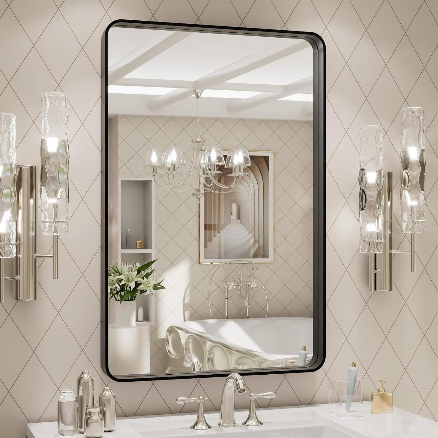 LOAAO Black Metal Framed Bathroom Mirror for Wall, 24X36 Inch Rounded Rectangle Mirror, Matte Black Bathroom Vanity Mirror Farmhouse, Anti-Rust, Hangs Horizontally or Vertically