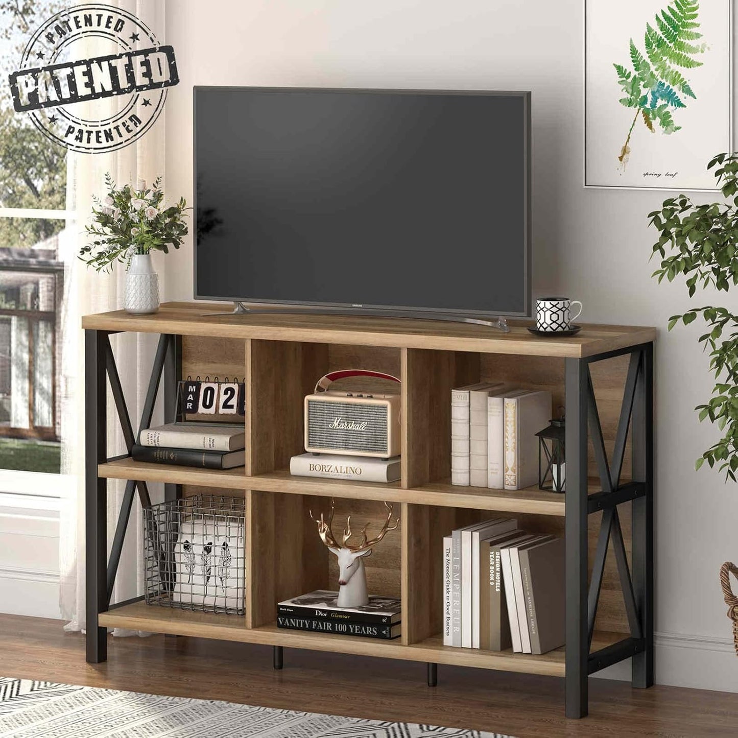 FATORRI 6 Cube Storage Organizer with Shelf, Long Wood and Metal Cubby Bookcase
