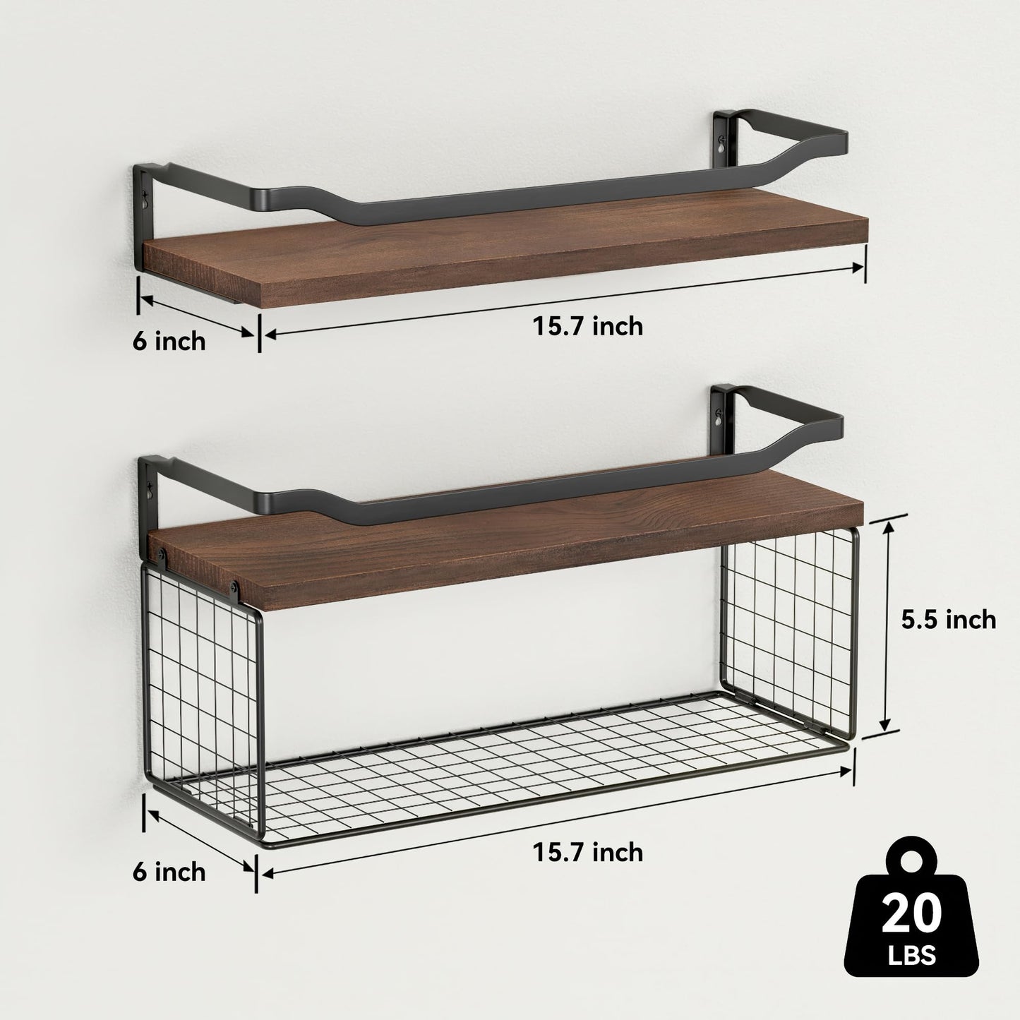Floating Shelves with Wire Storage Basket, Bathroom Shelves Over Toilet with Protective Metal Guardrail, Wood Wall Shelves for Bathroom, Bedroom, Living Room, Toilet Paper-Black