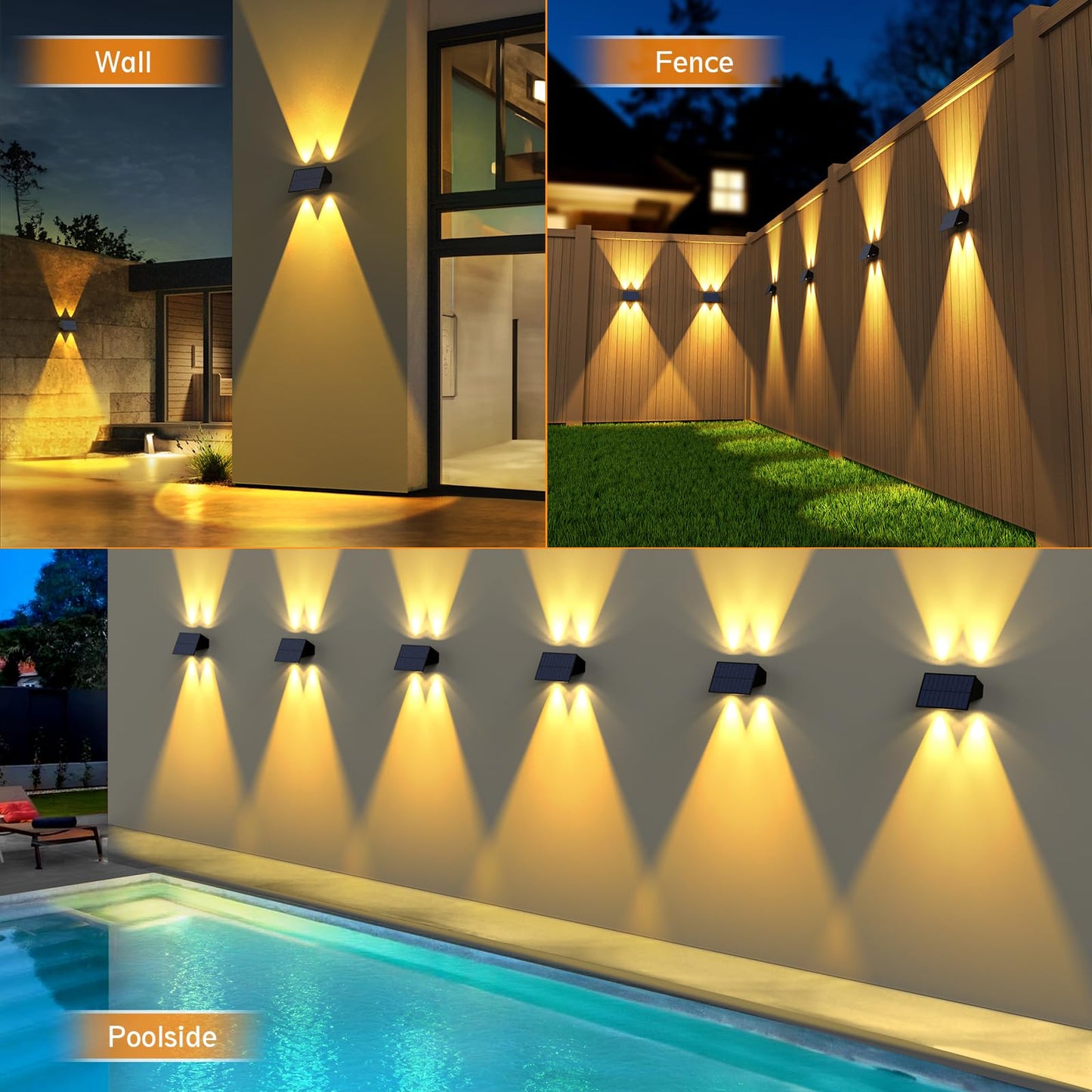 Solar Fence Lights,6Pack Solar Lights Outdoor Warm White + RGB Up & Down Waterproof 100 Lumens Dusk to Dawn Large Solar Wall Lights for Backyard/Pool/Railing/Patio/Porch/Step/Wall
