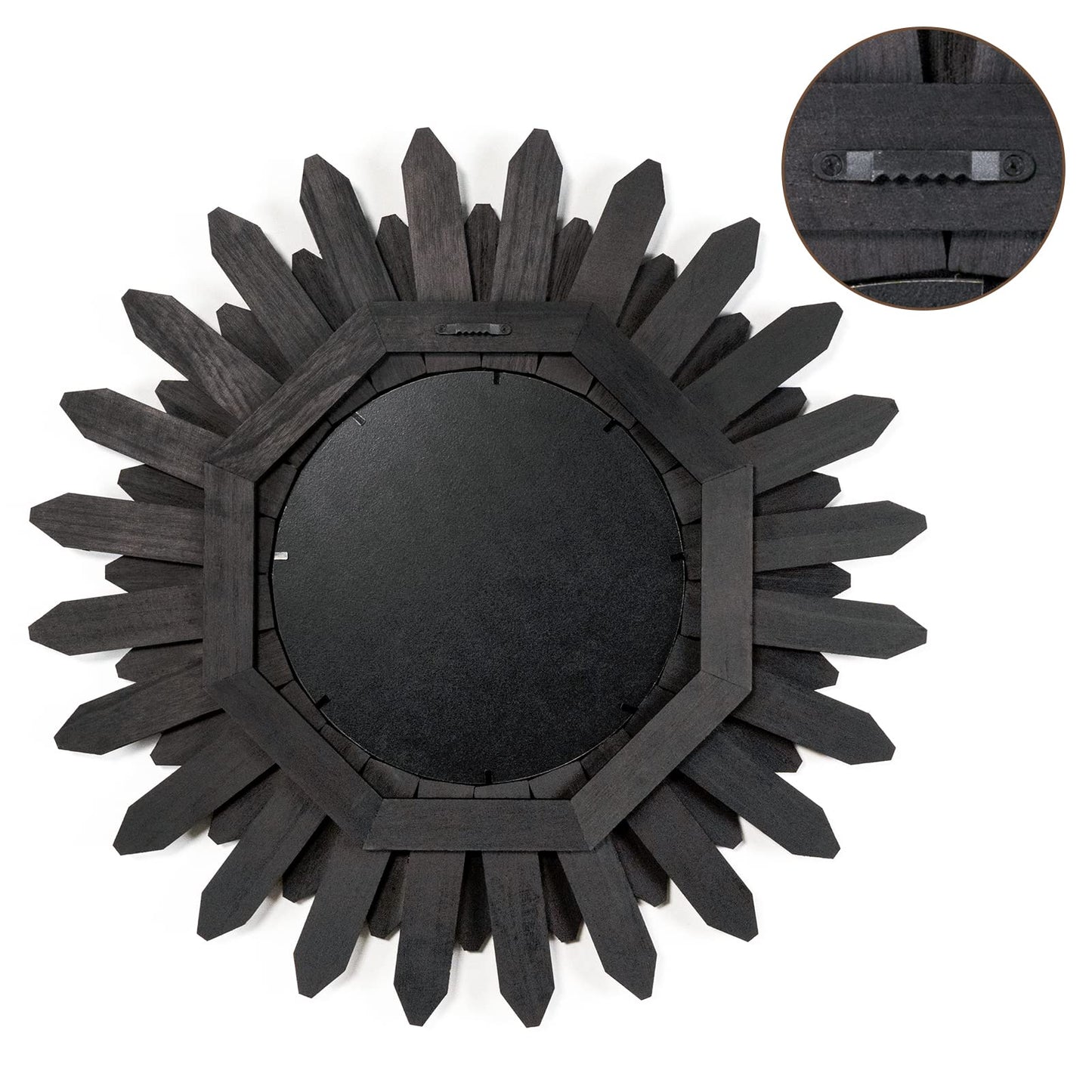 Honiway Wall Mirror Decorative 12 inch Rustic Wood Mirror Sunburst Boho Mirror for Entryway Bedroom Living Room Bathroom House Warming Gifts New Home Essential Carbonized Black