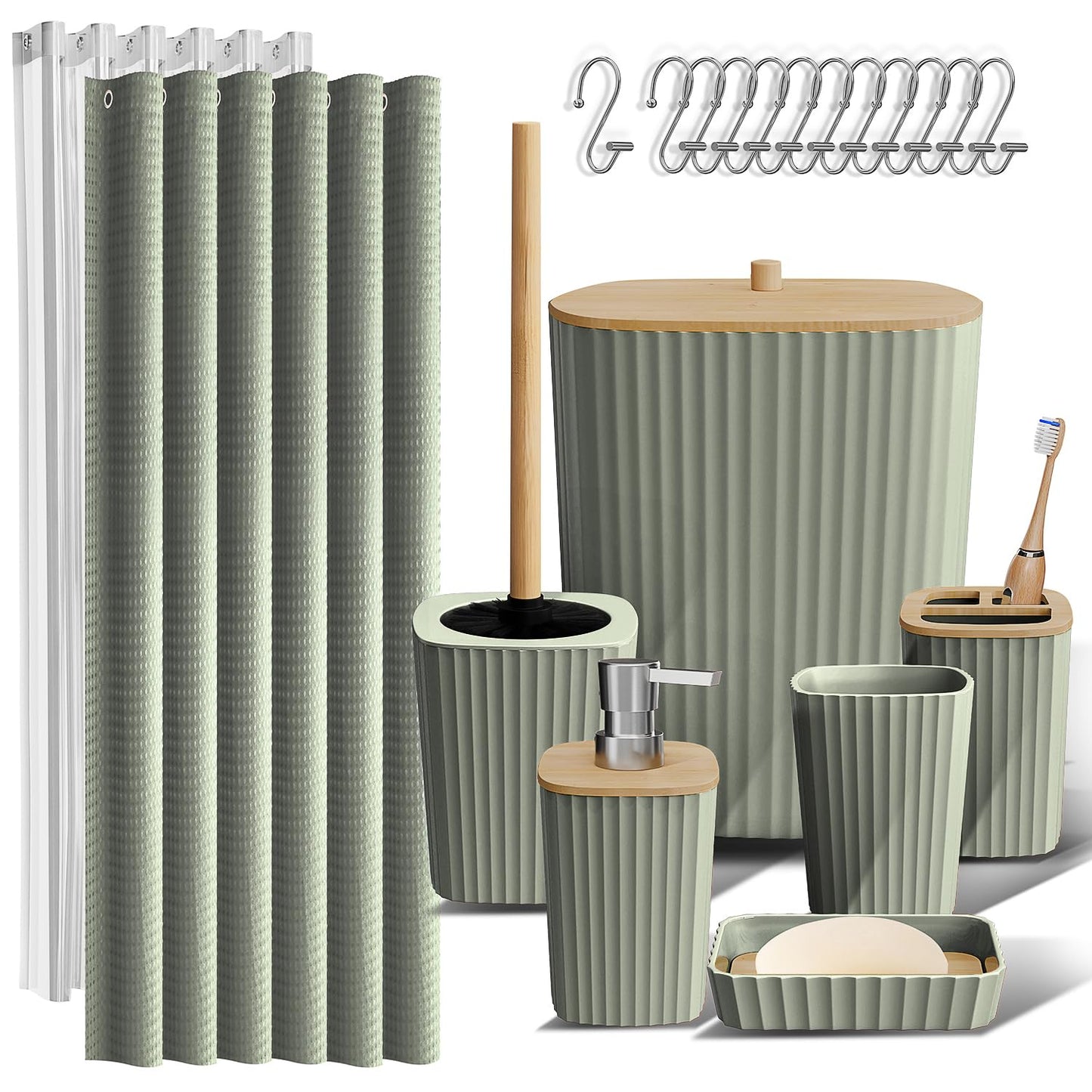 Clara Clark Bathroom Accessories Set - Bathroom Set, 20PC Bathroom Accessory Set, Black Shower Curtain Set, Toilet Brush, Trash Can & Soap Dispenser