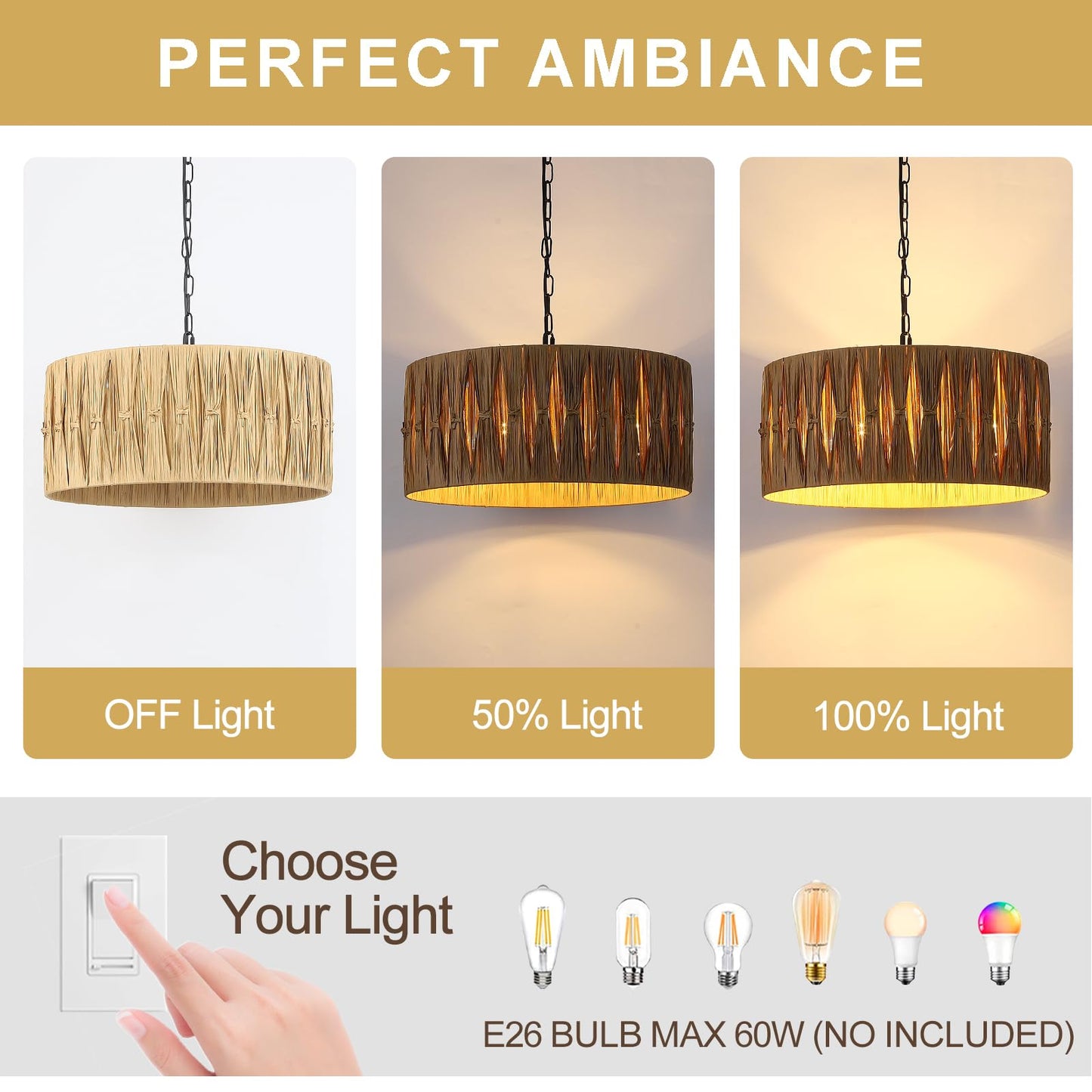 Rattan Pendant Lights, Large Wicker Chandelier Hand-Woven Boho Pendant Light Rattan Basket Hanging Light