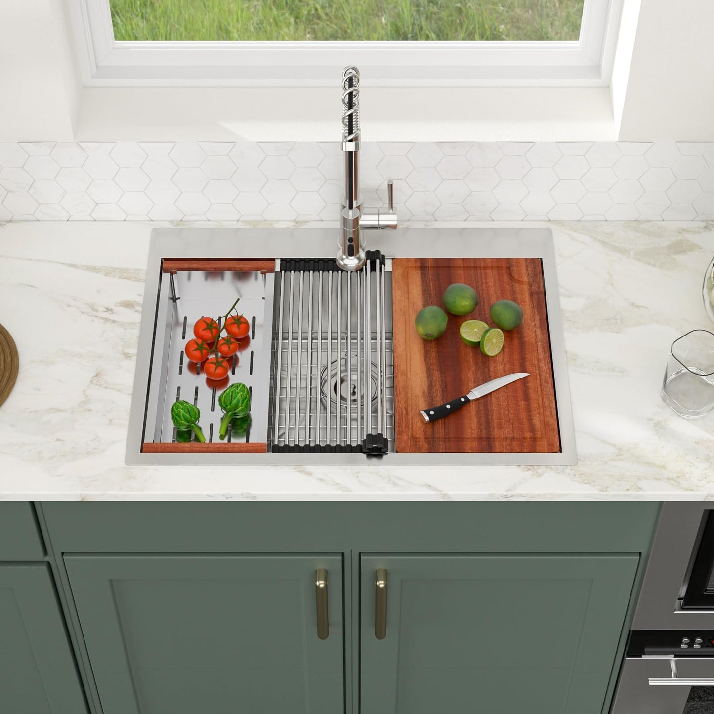 Logmey 33x22 Drop In Kitchen Sink Workstation Black Kitchen Sink SUS304 16 Gauge Stainless Steel Single Bowl Top Mount Gunmetal Black Stainless Steel Sinks