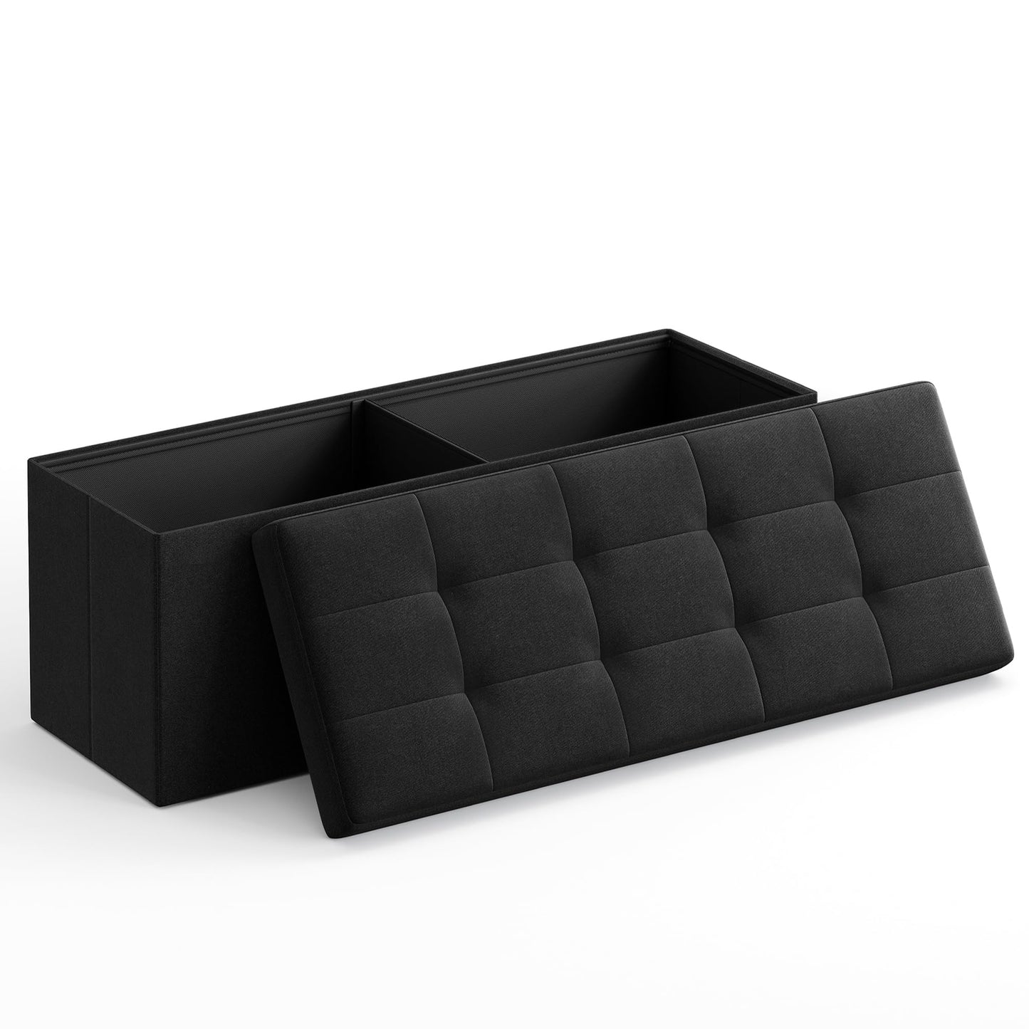 SONGMICS MAZIE Collection - 43 Inches Folding Storage Ottoman Bench, Ottoman Foot Rest, End of Bed Bench, Storage Chest, Load 660 lb, for Living Room, Bedroom, Entryway, Midnight Blue ULSF77IN