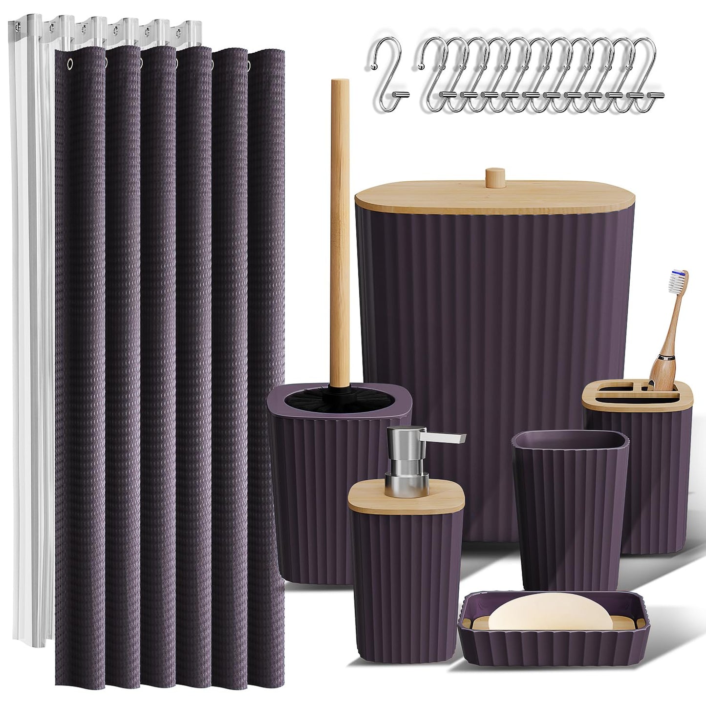 Clara Clark Bathroom Accessories Set - Bathroom Set, 20PC Bathroom Accessory Set, Black Shower Curtain Set, Toilet Brush, Trash Can & Soap Dispenser