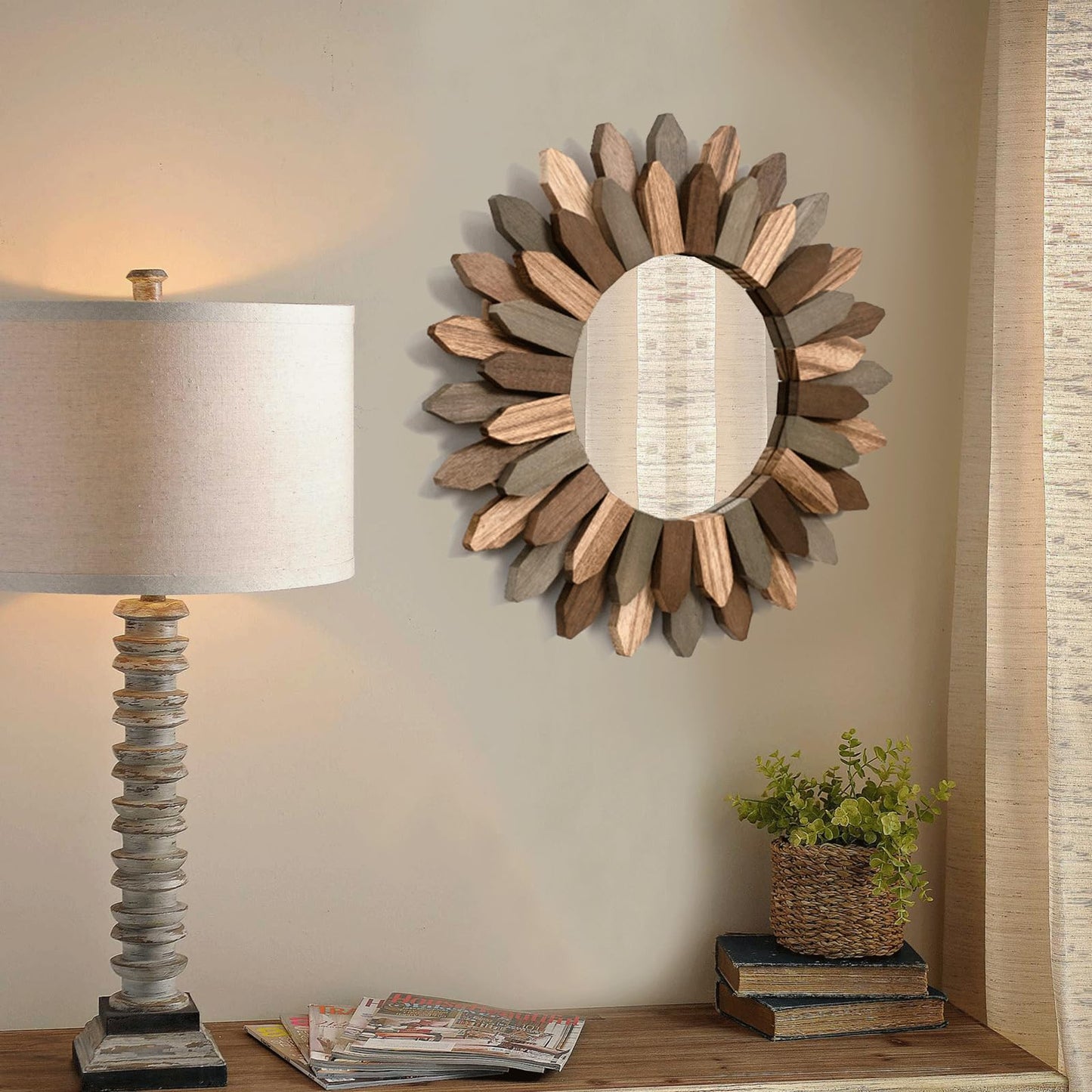 Honiway Wall Mirror Decorative 12 inch Rustic Wood Mirror Sunburst Boho Mirror for Entryway Bedroom Living Room Bathroom House Warming Gifts New Home Essential Carbonized Black