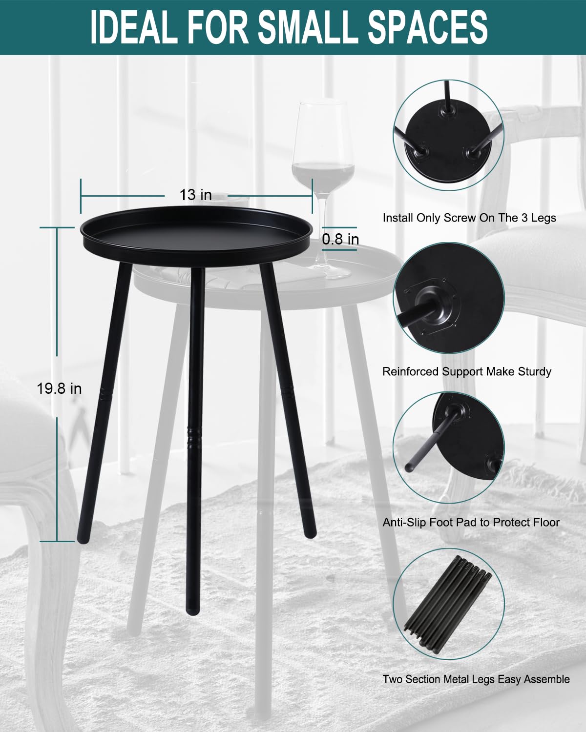 AOJEZOR Side Table: End Table for Indoor Use - Small Side Tables for Small Spaces All Matte Black with 3 Legged
