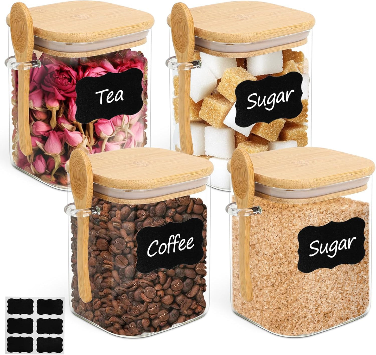 ComSaf Airtight Glass Storage Canister with Lids (24oz/37oz/51oz) Set of 6, Clear Food Storage Container Kitchen Pantry Storage Jar, Glass Jars for Flour Cereal Sugar Tea Coffee Beans Snacks, Square