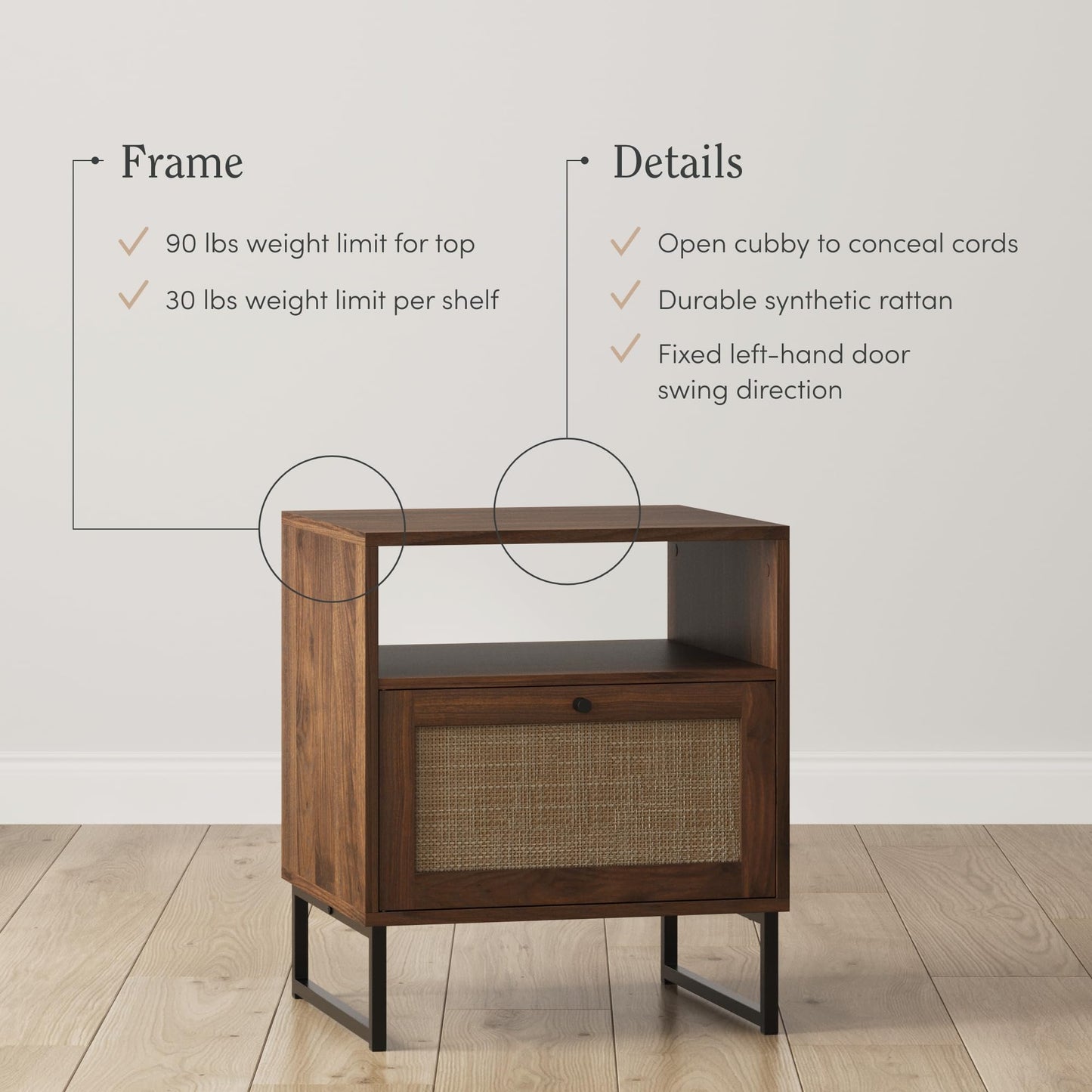 Nathan James Mina Rattan Wood End Side Accent Table Nightstand with Storage for Living Room or Bedroom, 1, Oak/Black