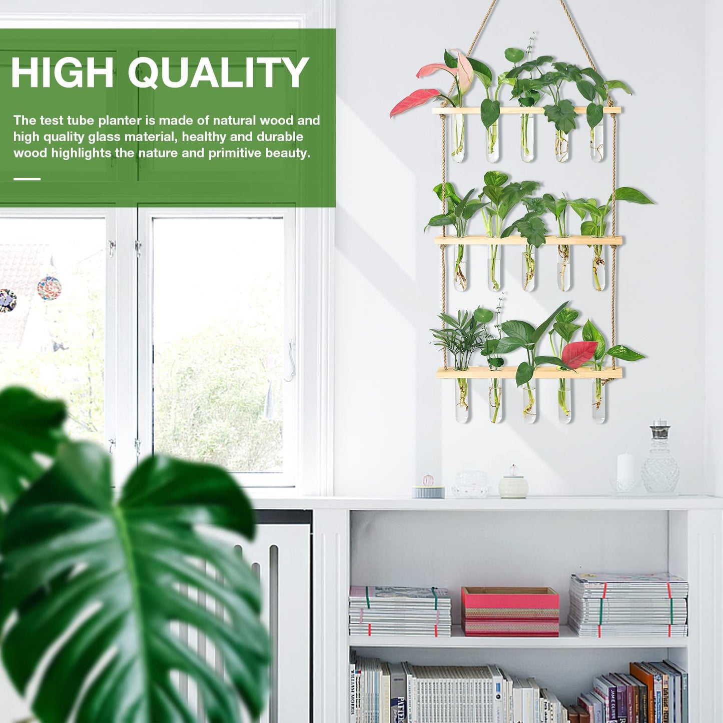 Wall Hanging Propagation Station with Wooden Stand 5 Glass Test Tubes 3 Tiered Planters Wall Terrarium