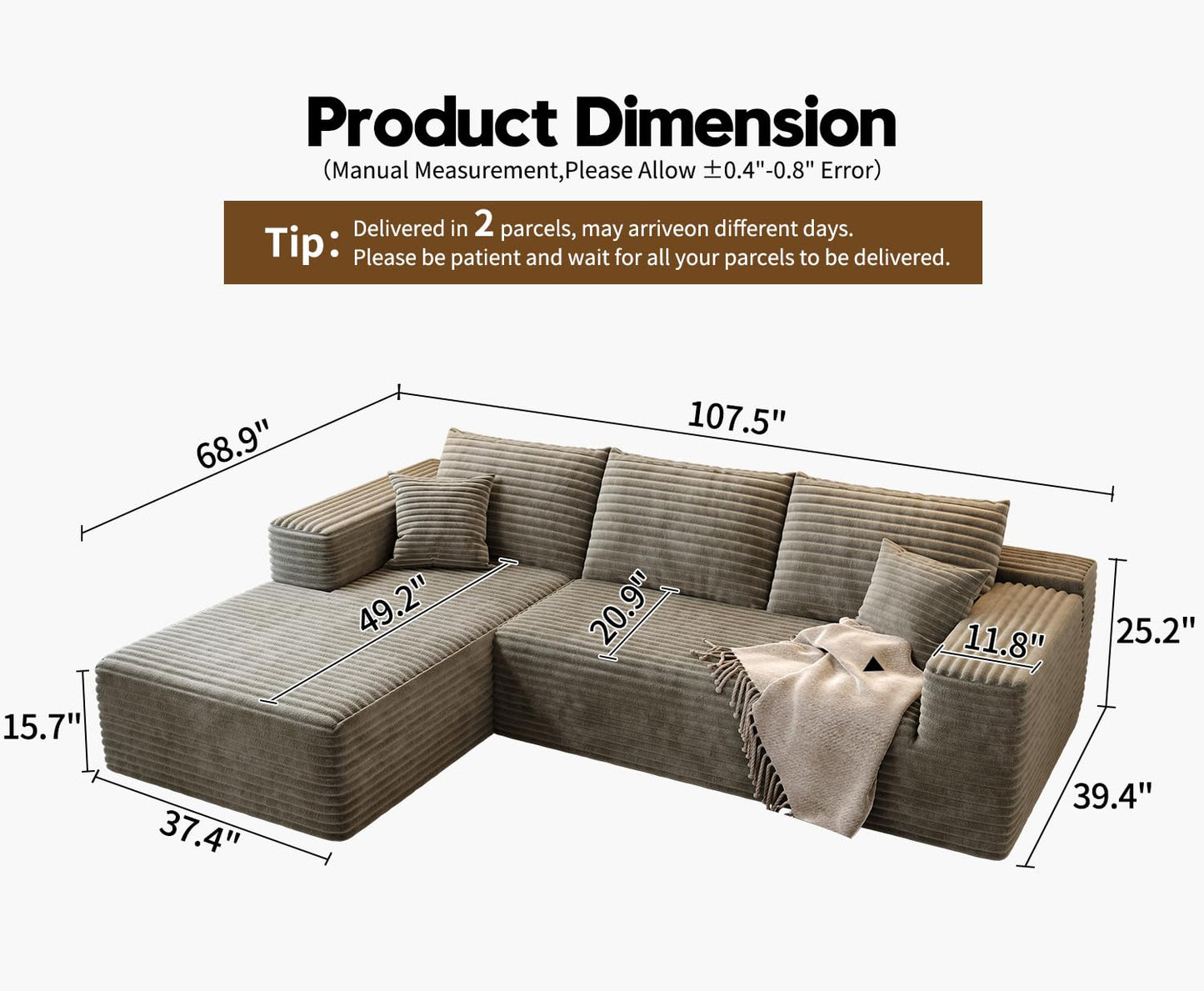 107.5" Cloud Modular Sectional Sofa with 1 Ottoman,Modern Minimalist Upholstered Couches, Comfort U Shaped Sofa for Living Room,Deep Seat Corner Couch,No Assembly Required (Black,Left Facing Chaise)