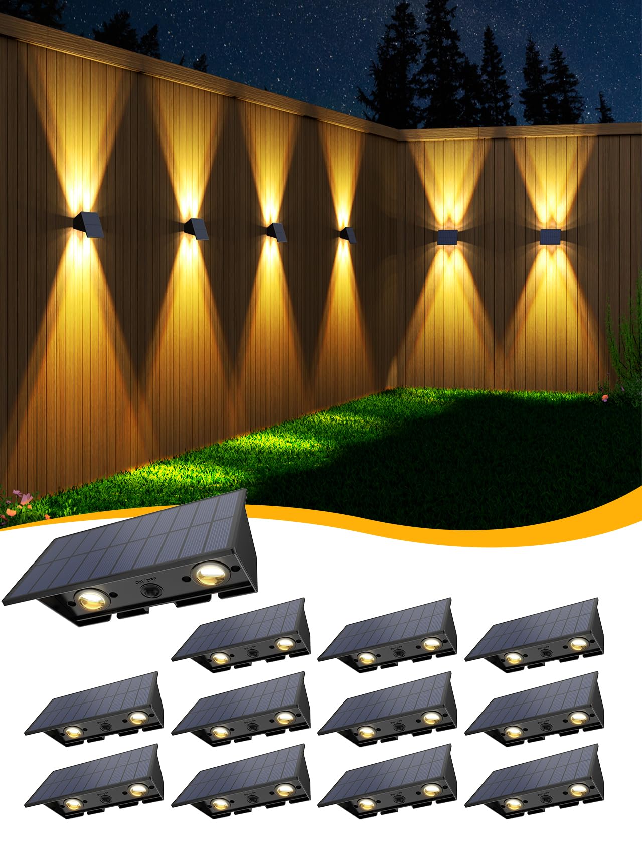 Solar Fence Lights,6Pack Solar Lights Outdoor Warm White + RGB Up & Down Waterproof 100 Lumens Dusk to Dawn Large Solar Wall Lights for Backyard/Pool/Railing/Patio/Porch/Step/Wall