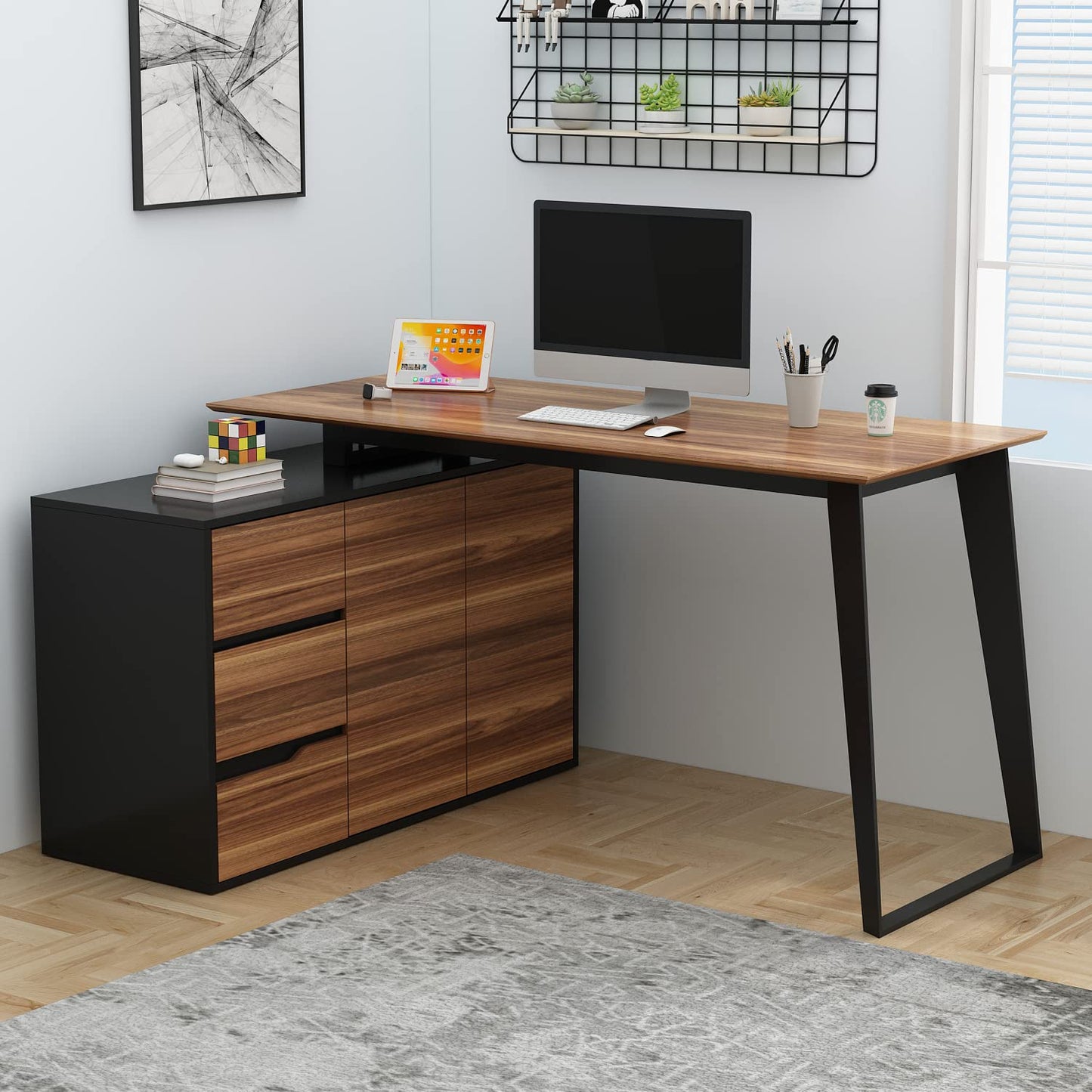 Homsee Home Office Computer Desk Corner Desk with 3 Drawers, 2 Shelves & 2 Doors, 55 Inch Large L-Shaped Study Writing Table with Storage Cabinet, Black & Brown