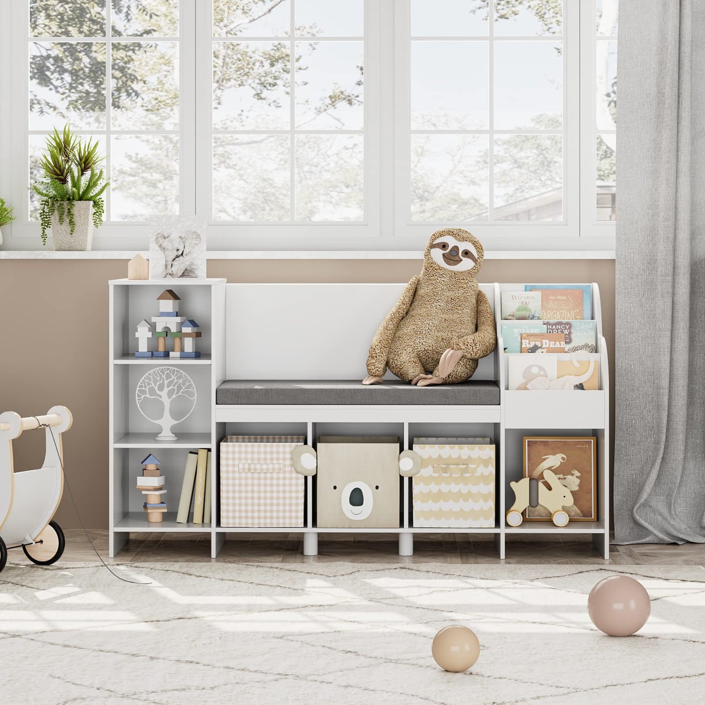 HOUSUIT 55" Kids Bookshelf with Reading Nook, Bookcase with Seat Cushion and Storage Cubbies, Kids Reading Nook with Adjustable Shelf, Toy Organizers and Storage with Bench for Playroom, White