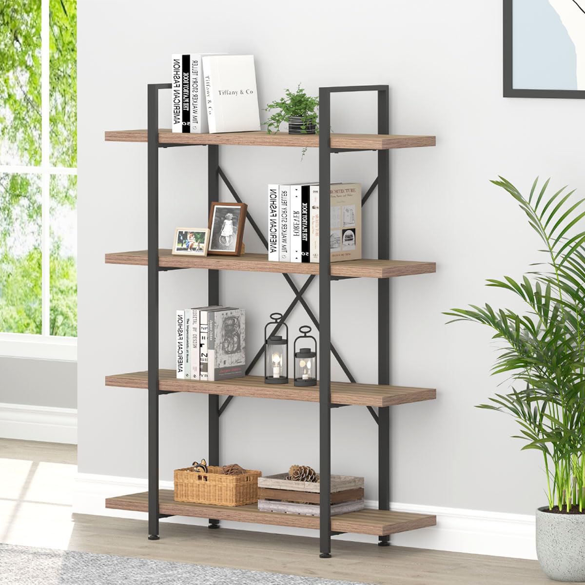 HSH Tall Bookcases and Book Shelves 6 Shelf, Metal Wooden Book Shelf and Storage Rack, Modern Etagere 6 Tier Bookshelf, Farmhouse Large Display Bookshelves for Bedroom Living Room Office, Rustic Oak