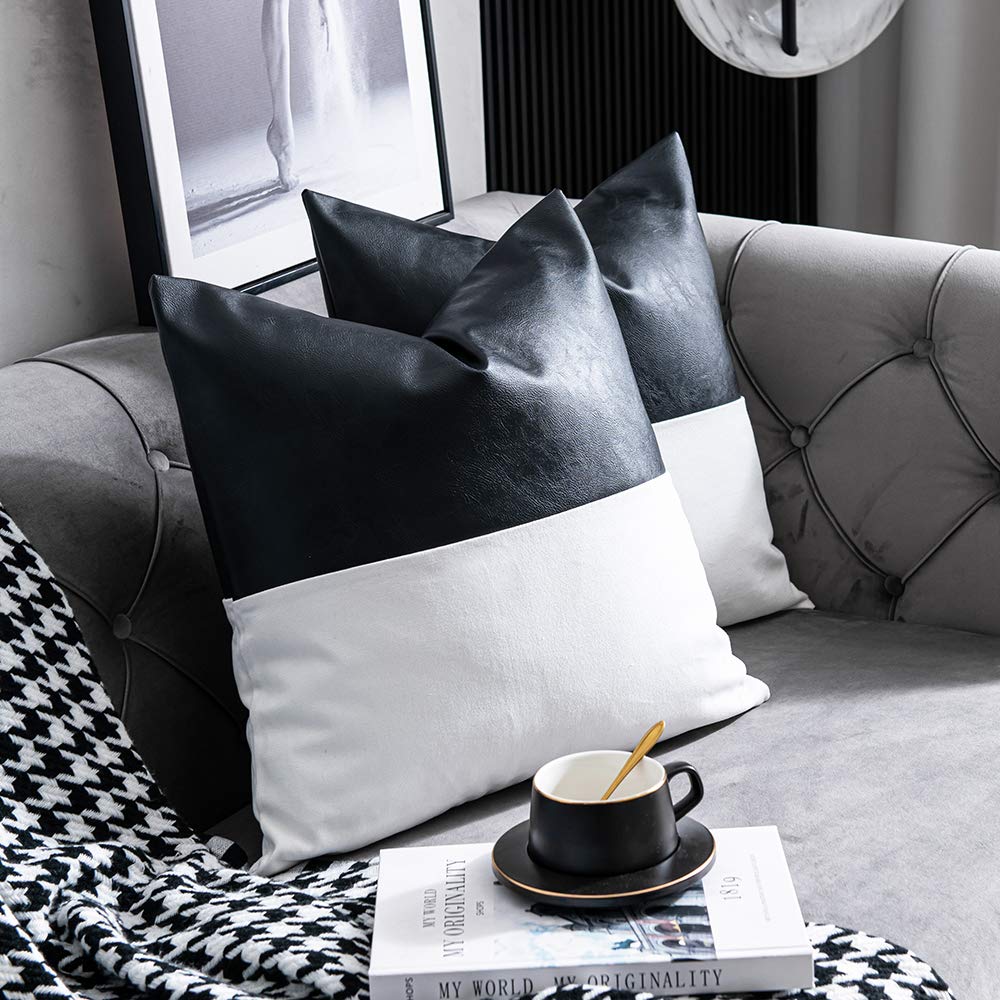 DEZENE Leather Throw Pillow Covers, Set of 2 Modern Leather/Cotton Decorative Pillowcases for Home Decor