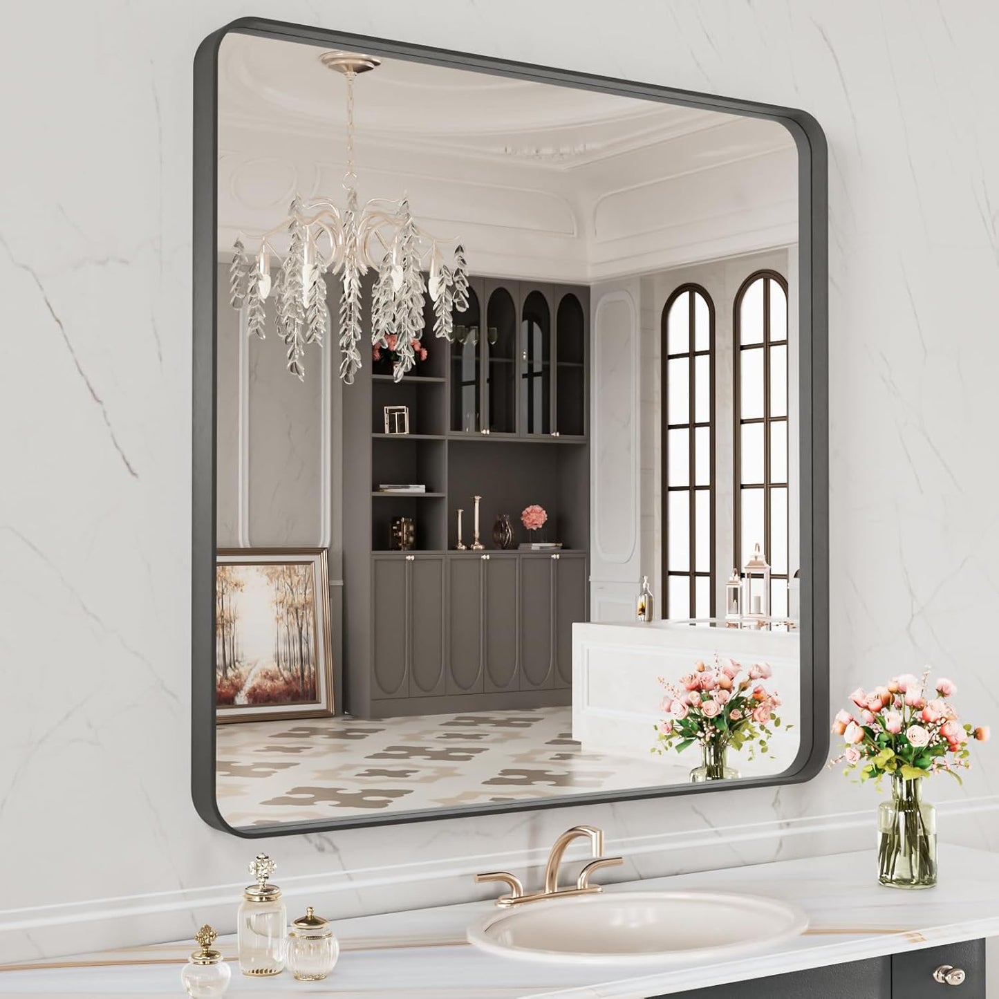 LOAAO Black Metal Framed Bathroom Mirror for Wall, 24X36 Inch Rounded Rectangle Mirror, Matte Black Bathroom Vanity Mirror Farmhouse, Anti-Rust, Hangs Horizontally or Vertically