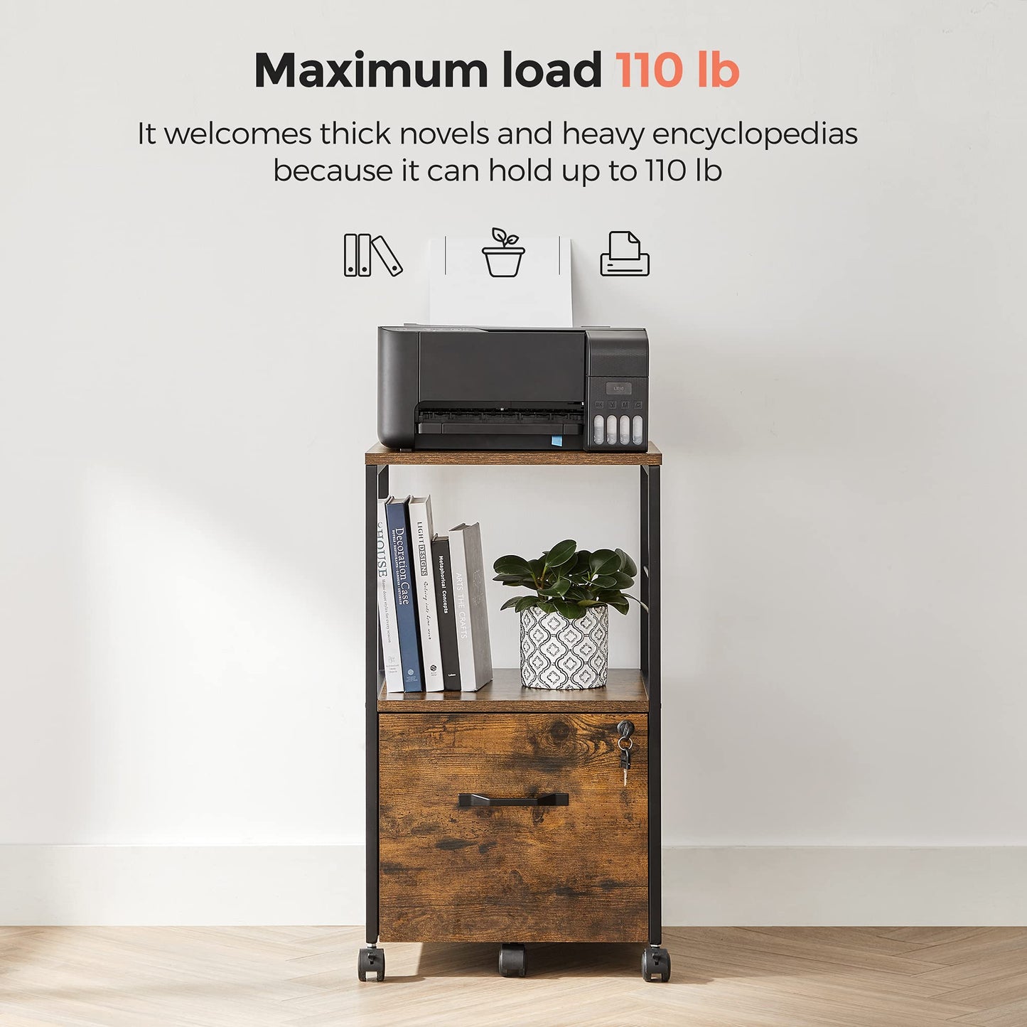 VASAGLE 3-Drawer Vertical File Cabinet, Rustic Brown and Black, for Home Office and Bedroom, A4 and Letter-Size Files, Lockable Drawers