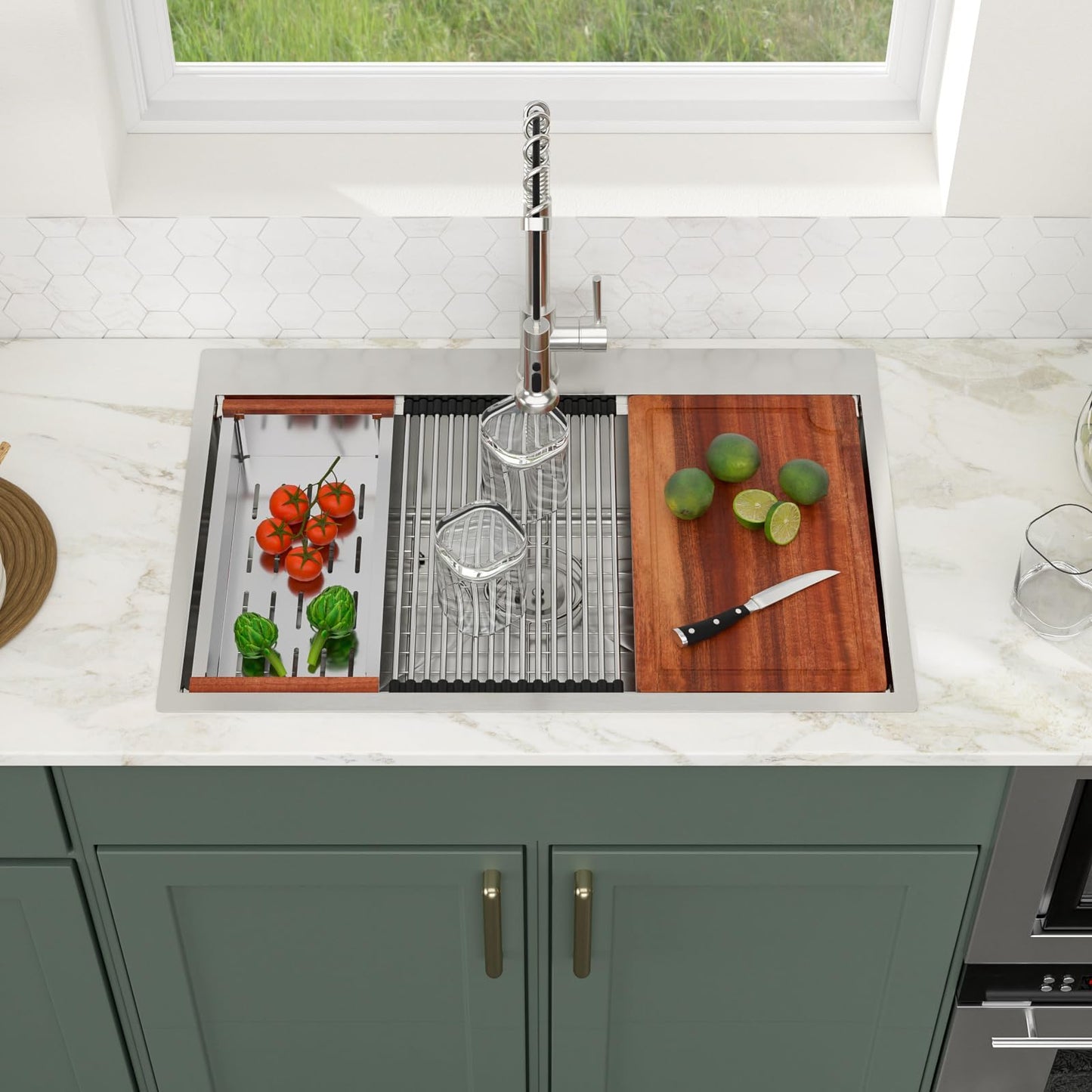 Logmey 33x22 Drop In Kitchen Sink Workstation Black Kitchen Sink SUS304 16 Gauge Stainless Steel Single Bowl Top Mount Gunmetal Black Stainless Steel Sinks