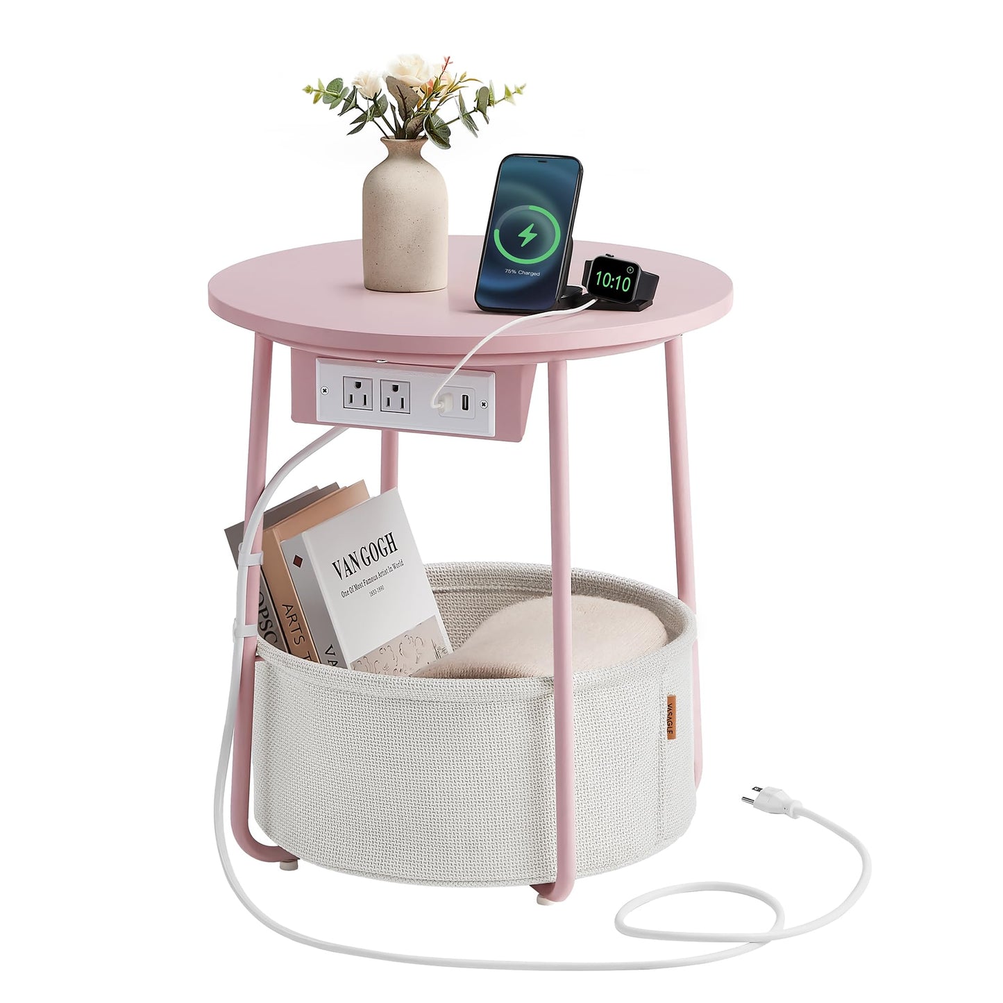 VASAGLE Side Table with Charging Station, Round End Table With Fabric Basket, Nightstand with Power Outlets USB Ports, for Living Room, Bedroom, Modern, Ebony Black and Slate Gray ULET228B01