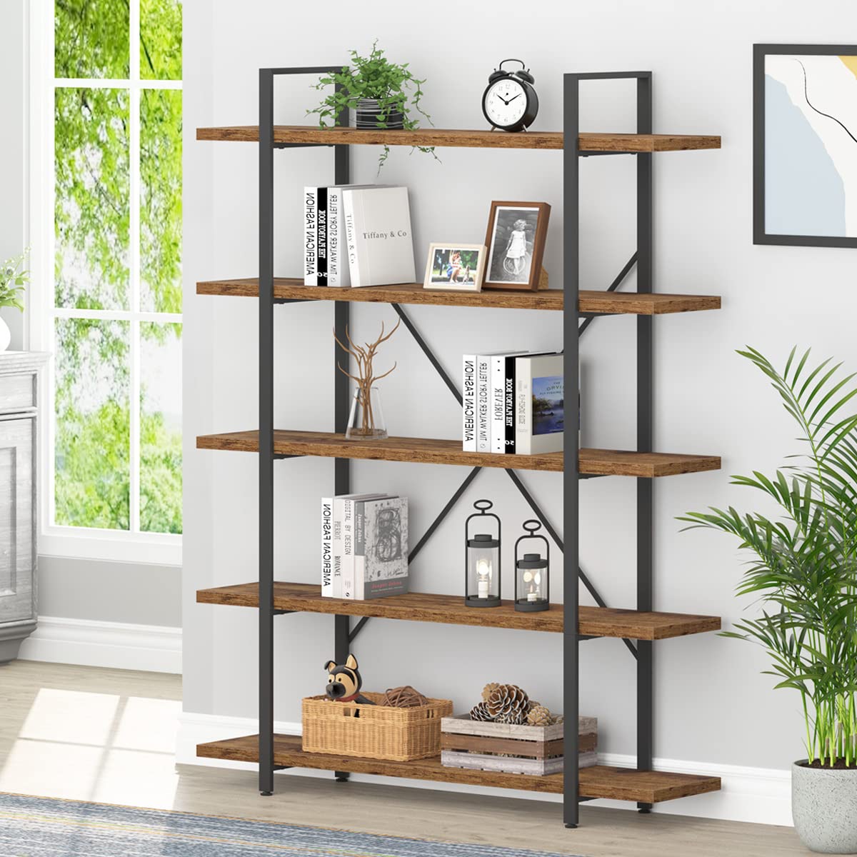 HSH Tall Bookcases and Book Shelves 6 Shelf, Metal Wooden Book Shelf and Storage Rack, Modern Etagere 6 Tier Bookshelf, Farmhouse Large Display Bookshelves for Bedroom Living Room Office, Rustic Oak