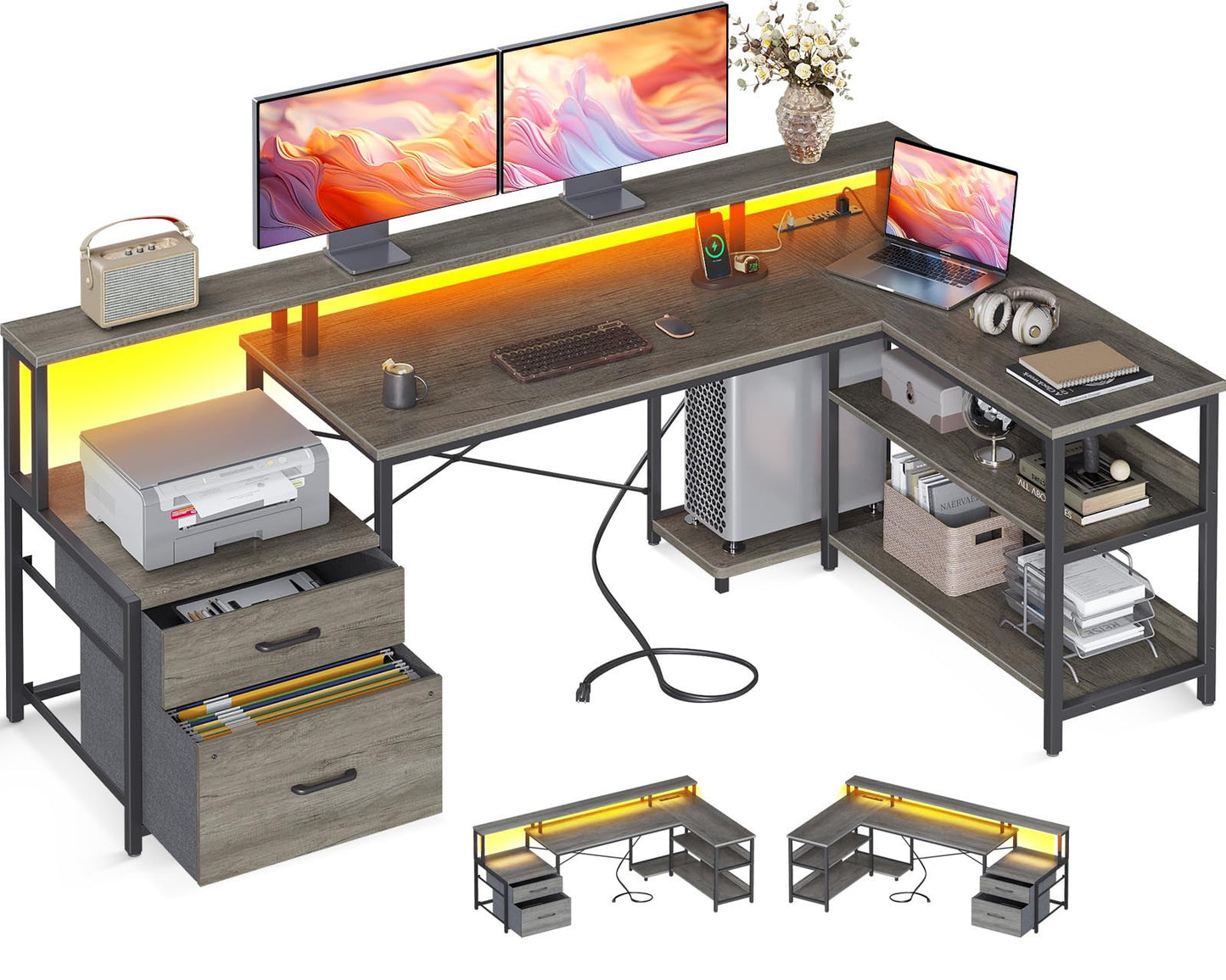 ODK L Shaped Desk with File Drawer, 75" Reversible L Shaped Computer Desk with Power Outlet & LED Strip, Office Desk with Storage Shelves, Gaming Desks with Monitor Shelf, Corner Table, Grey Oak