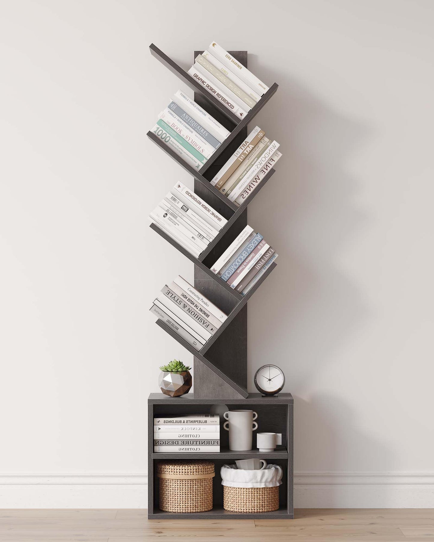 SUNMORY 6 Tier Tree Bookshelf, Small Bookcase with Storage Cabinet, Modern Tall Narrow Bookshelves Organizer, Floor Standing Book Shelf