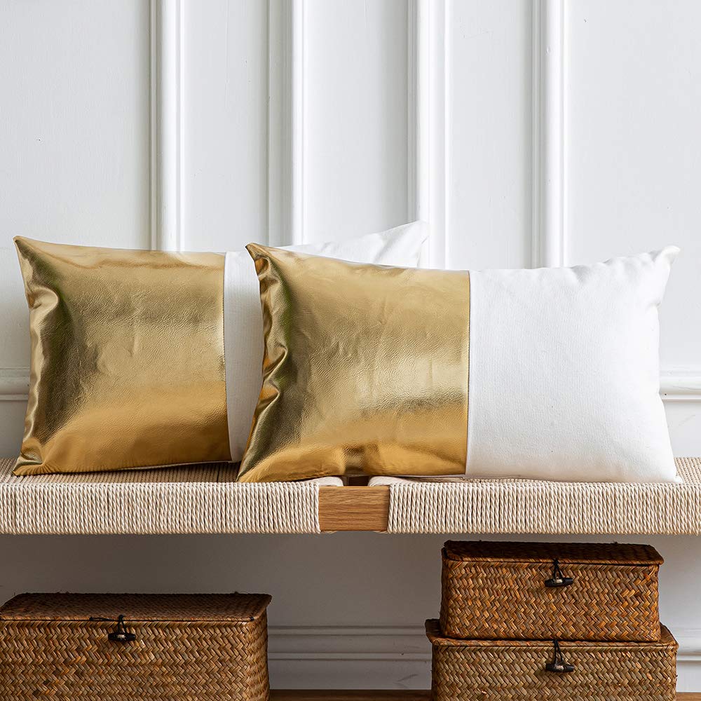DEZENE Leather Throw Pillow Covers, Set of 2 Modern Leather/Cotton Decorative Pillowcases for Home Decor