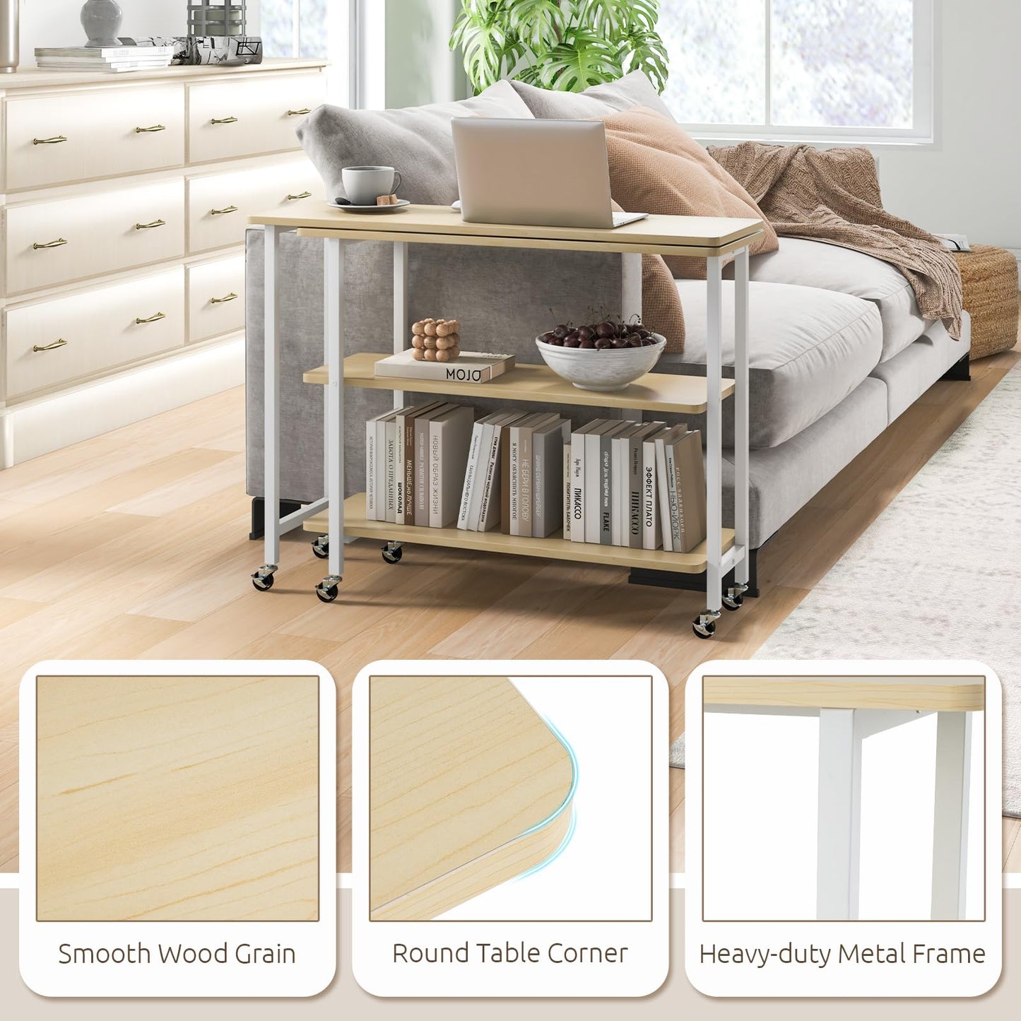 Tangkula 360° Rotating Sofa Side Table, Patented Mobile End Table with 2-Tier Storage Shelves, Swivel Rolling Desk with 6 Lockable Casters