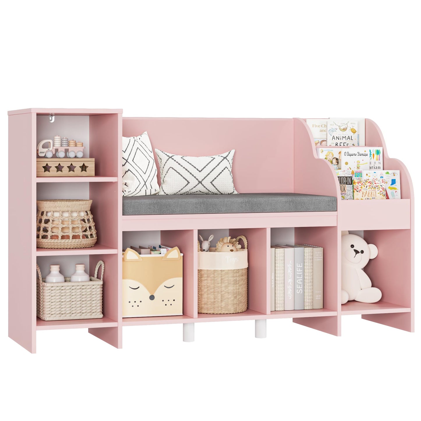 HOUSUIT 55" Kids Bookshelf with Reading Nook, Bookcase with Seat Cushion and Storage Cubbies, Kids Reading Nook with Adjustable Shelf, Toy Organizers and Storage with Bench for Playroom, White