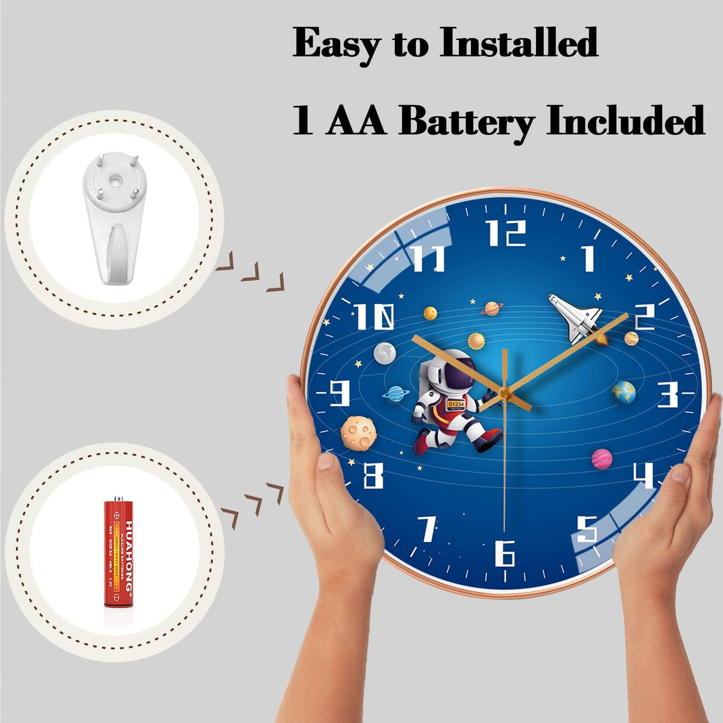 12 Inch Silent Movement Kids Wall Clock, Non Ticking Children Round Wall Clock Battery Operated Space Travel Style Decor Children Clock for School Boys Bedroom Living Room Space Decor (Blue)