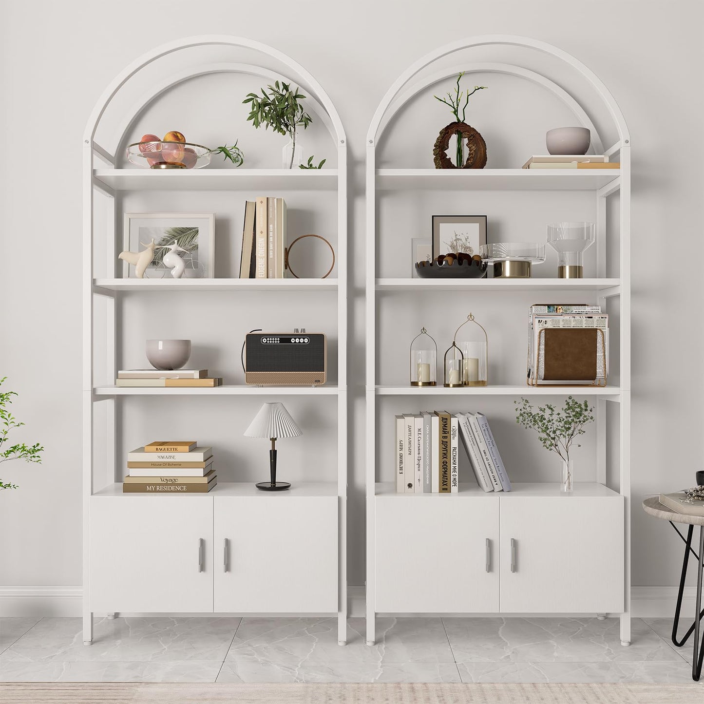 Arched Bookshelf, Bookcase with Doors Storage, 71 Inches Tall Industrial Book Shelf with Sturdy Metal Frame, E1 Quality Boards, Freestanding Display Shelving Unit, Black