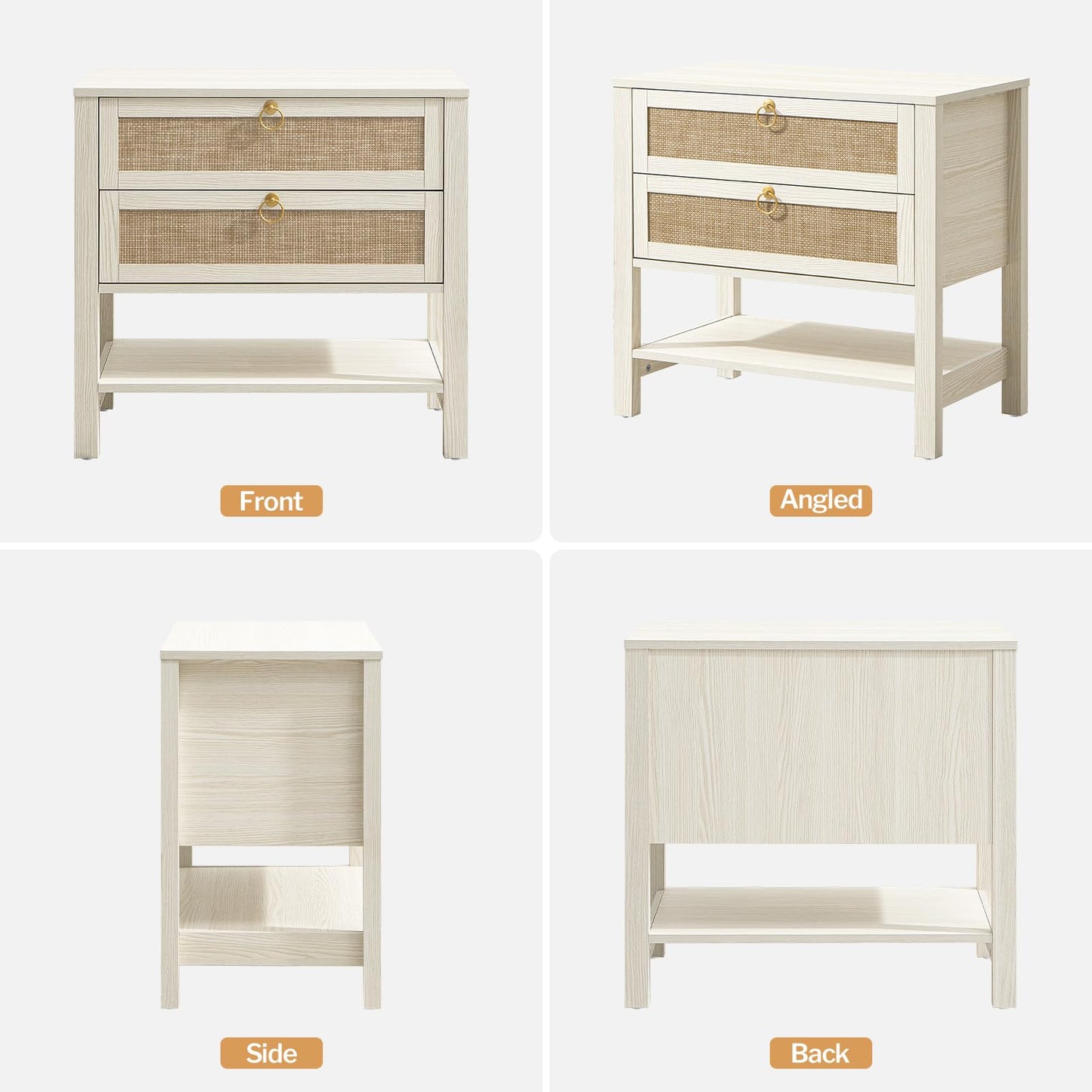 SICOTAS Night Stand Set of 2, Large Nightstand with Drawers and Storage Shelf - Rattan Boho Bedside Table Narrow Side Table for Bedroom, Small Space