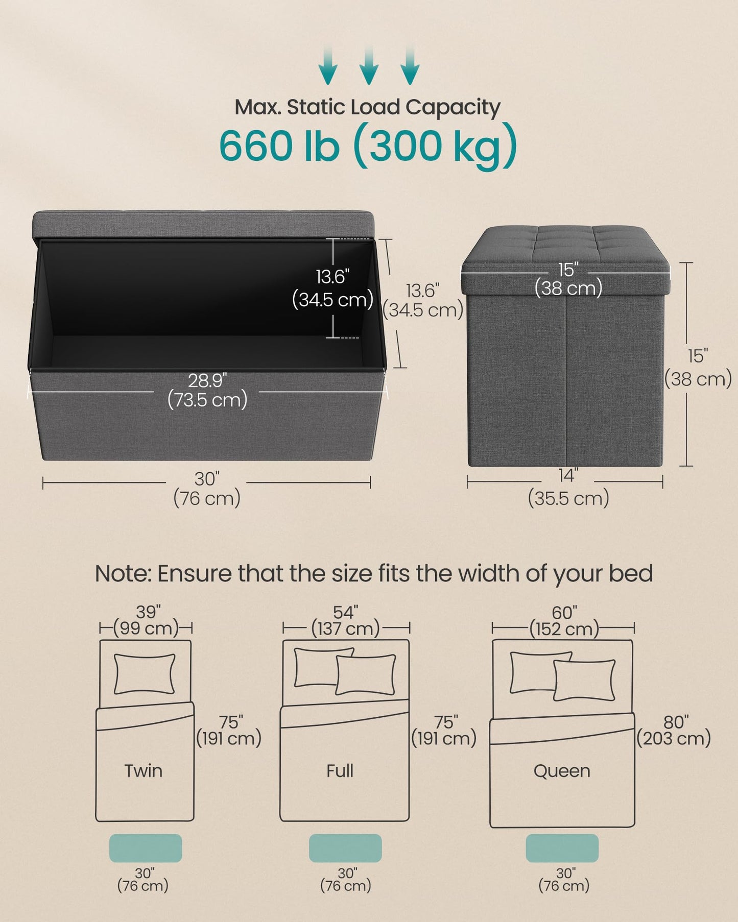 SONGMICS MAZIE Collection - 43 Inches Folding Storage Ottoman Bench, Ottoman Foot Rest, End of Bed Bench, Storage Chest, Load 660 lb, for Living Room, Bedroom, Entryway, Midnight Blue ULSF77IN